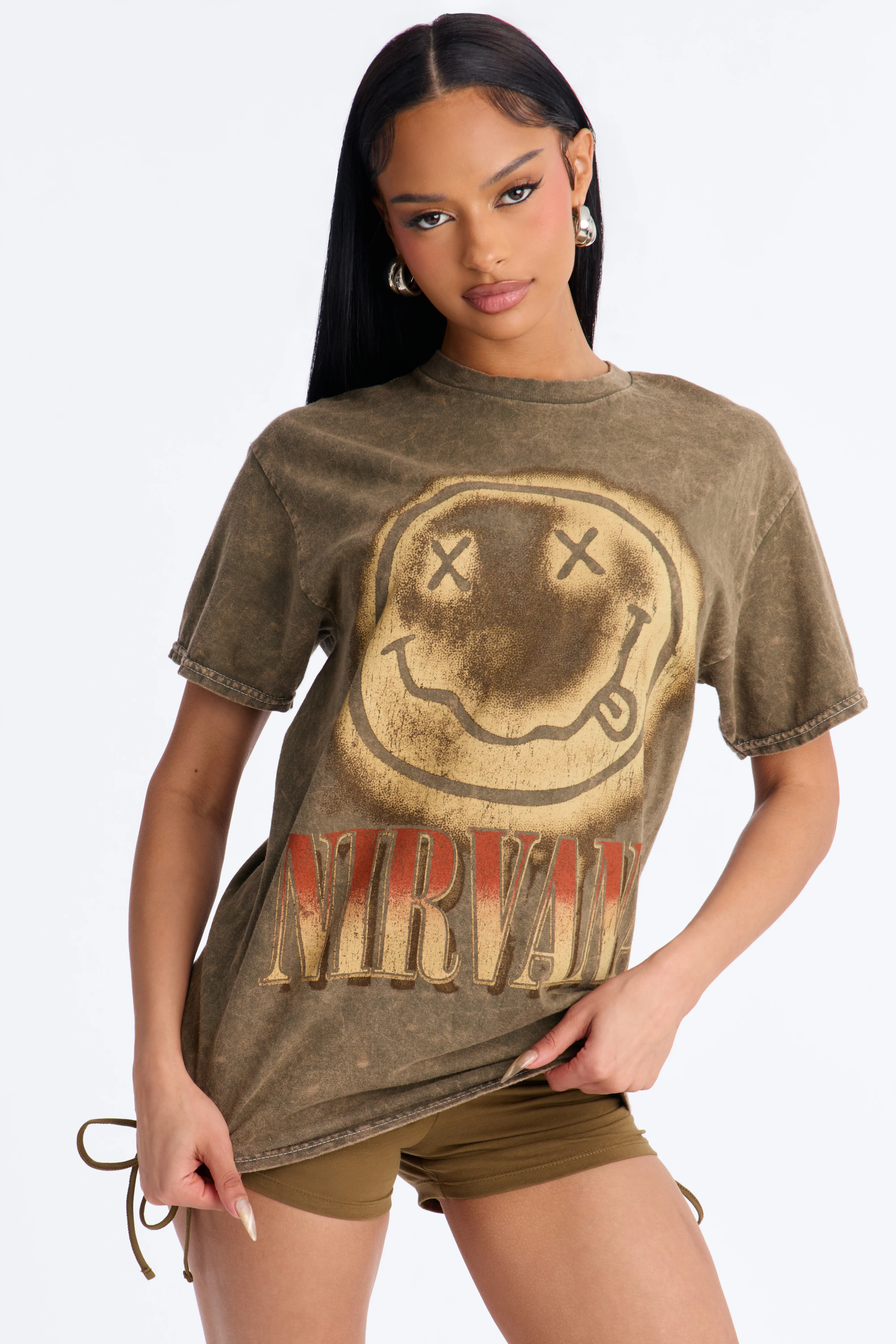 Nirvana Smiley Face Washed Tee - Dark Brown