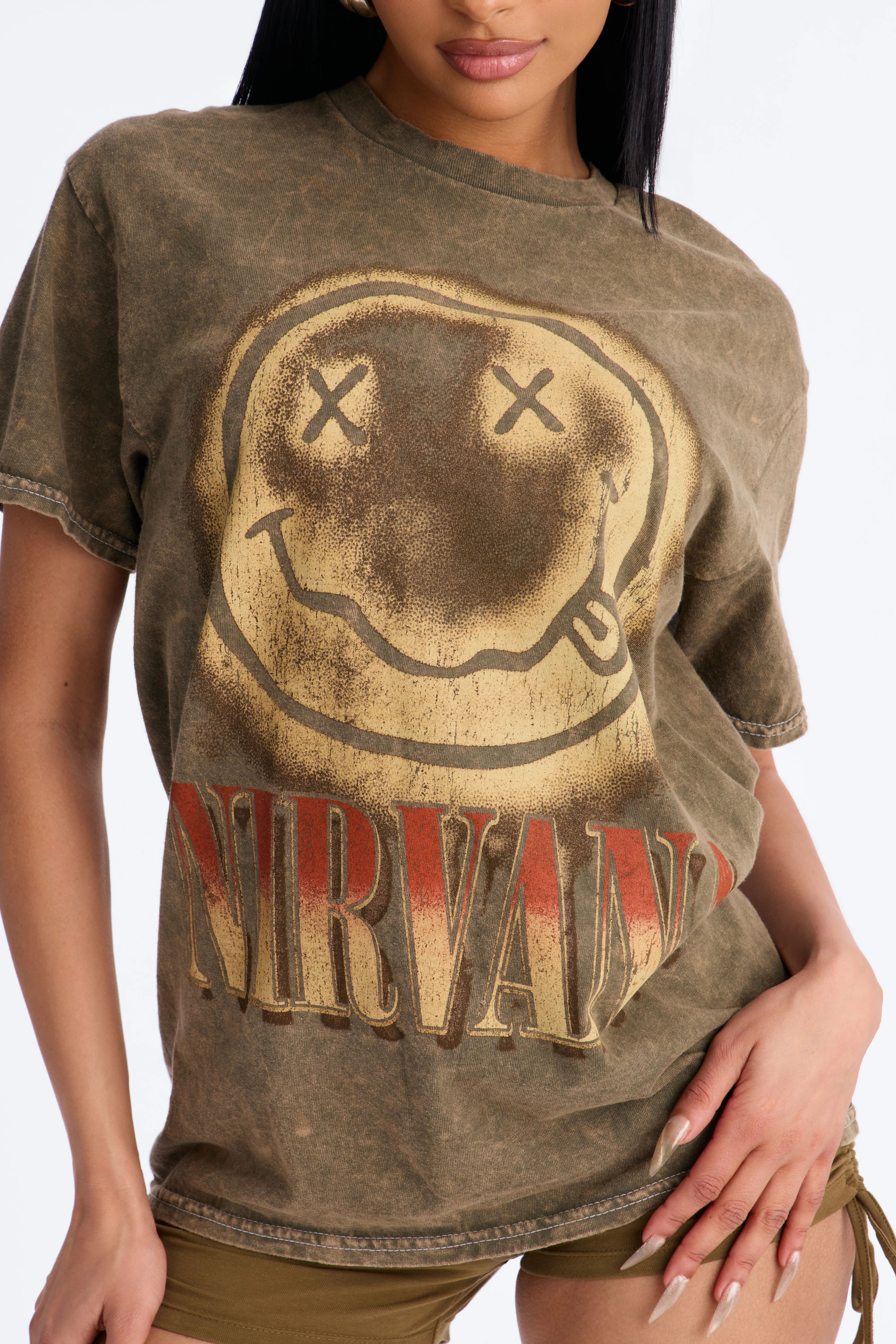 Nirvana Smiley Face Washed Tee - Dark Brown - Image 4