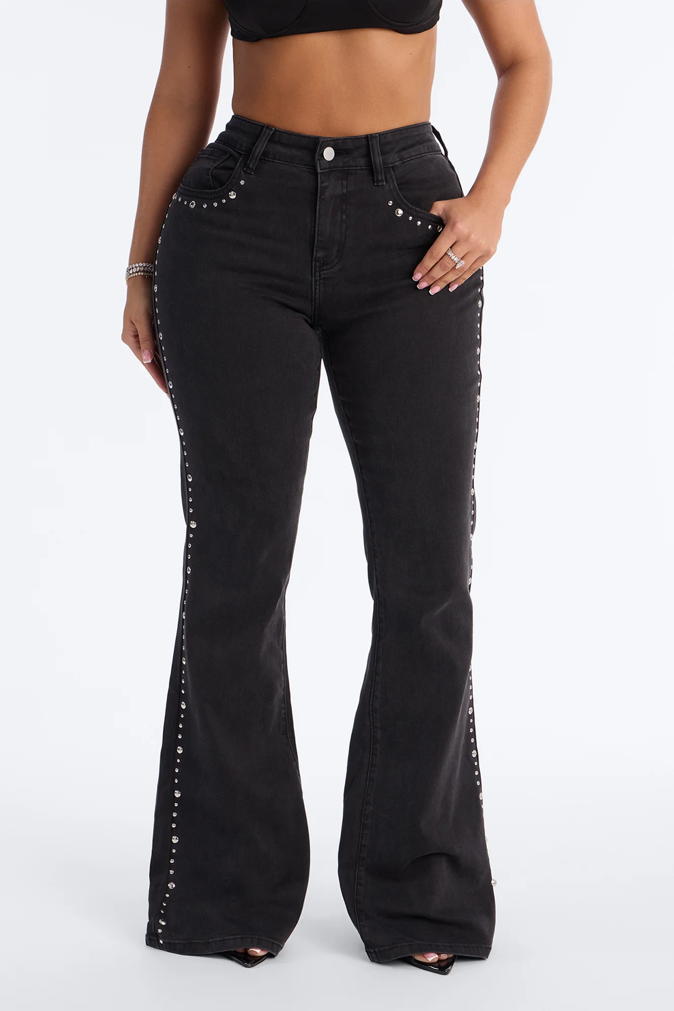 No Angel Studded Embellished Stretch Flare Jeans - Black Wash