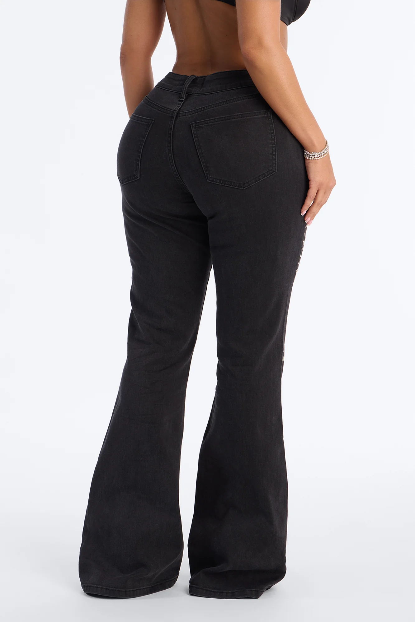 No Angel Studded Embellished Stretch Flare Jeans - Black Wash - Image 4