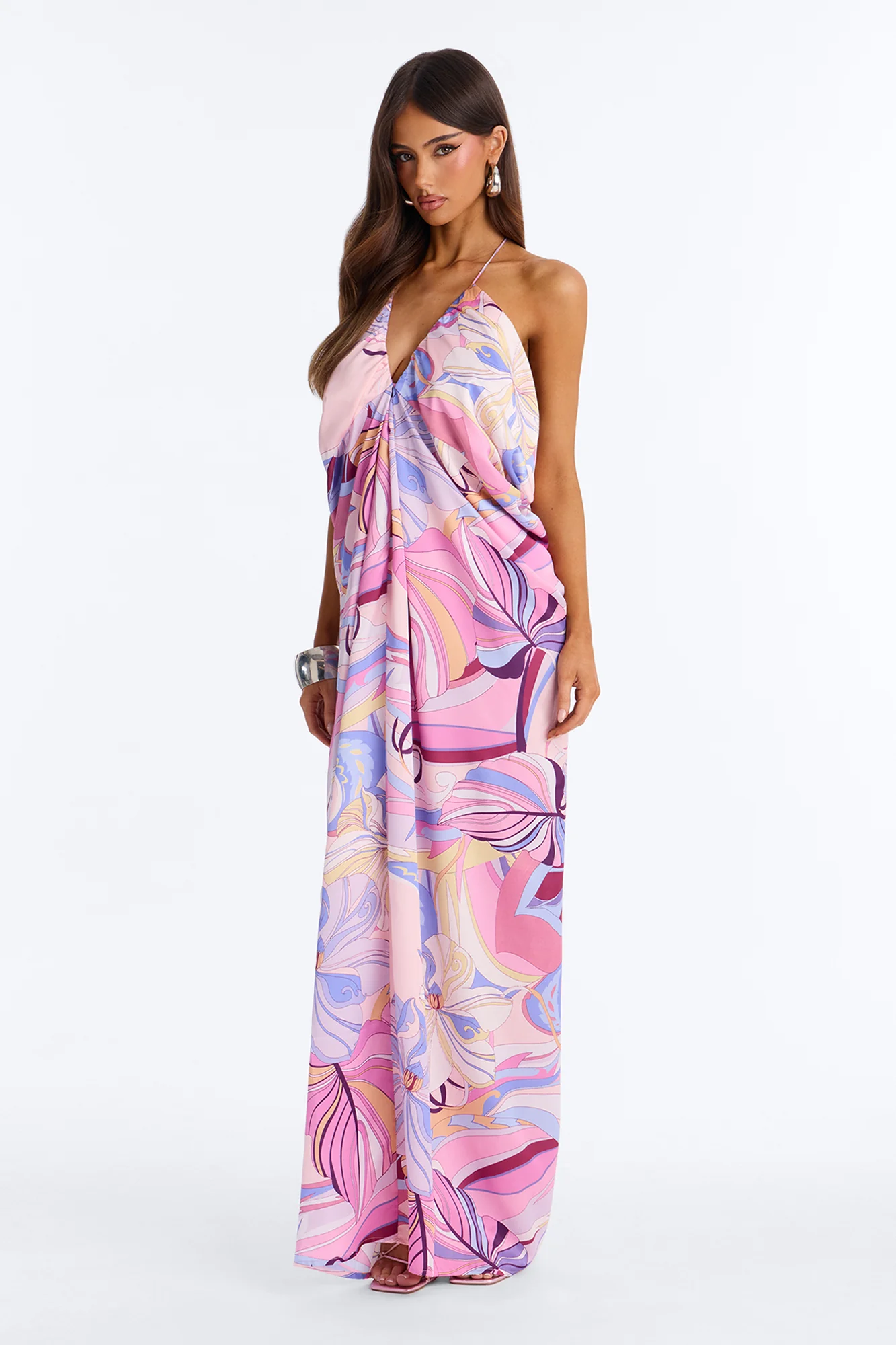 No Rush Draped Satin Maxi Dress - Purple/combo