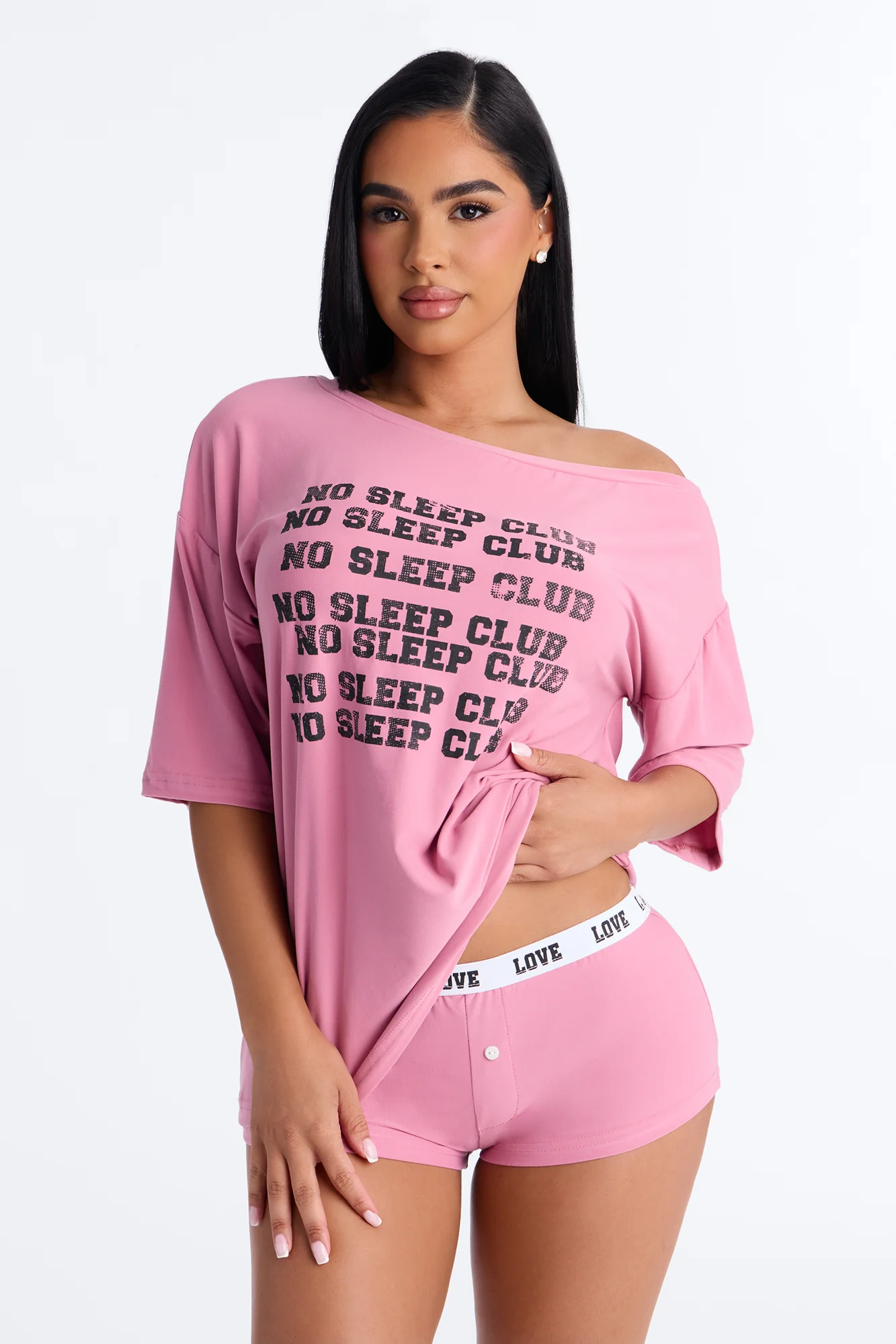 No Sleep Club Off Shoulder PJ Short Set - Pink - Image 2
