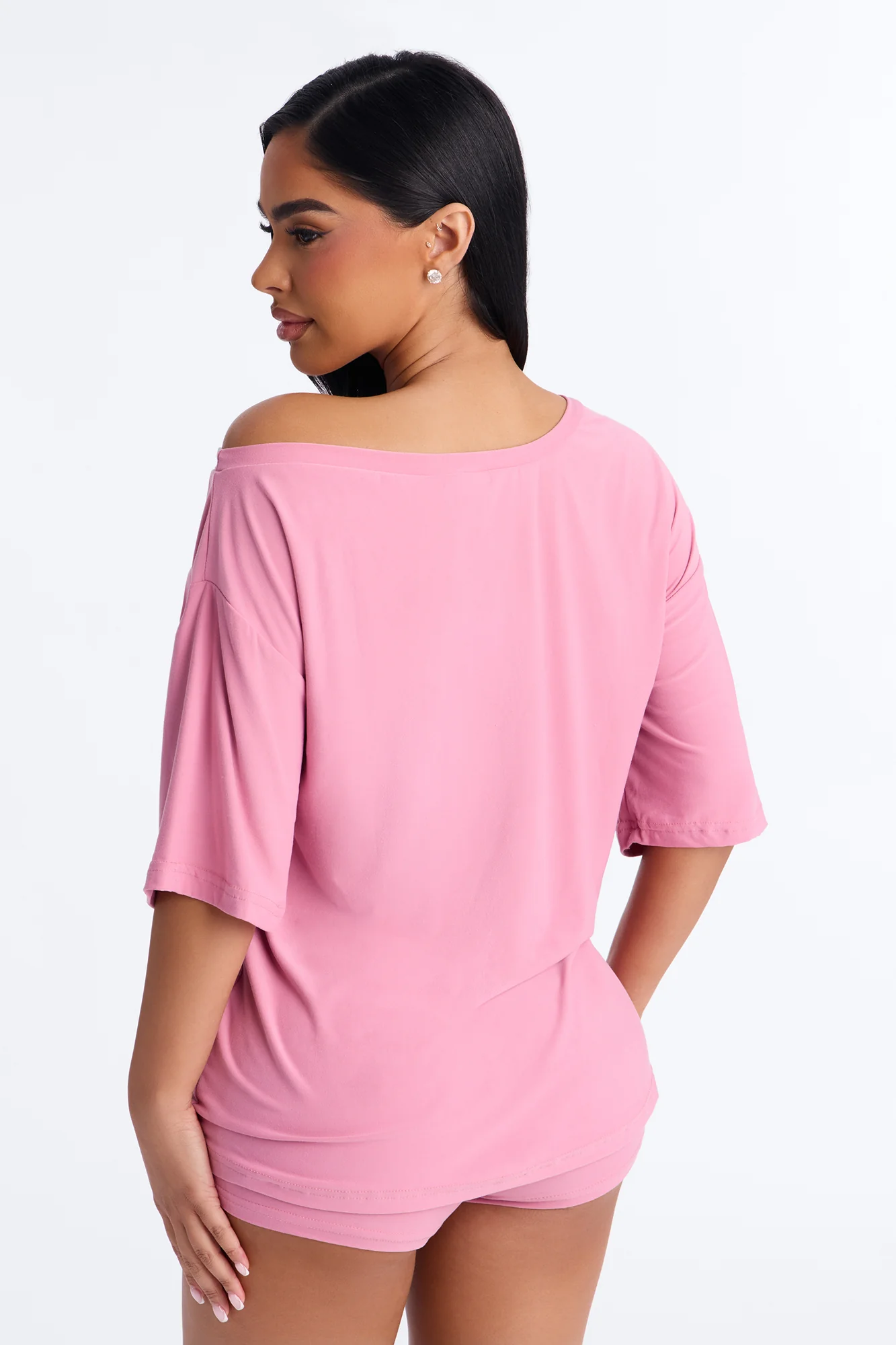 No Sleep Club Off Shoulder PJ Short Set - Pink - Image 4