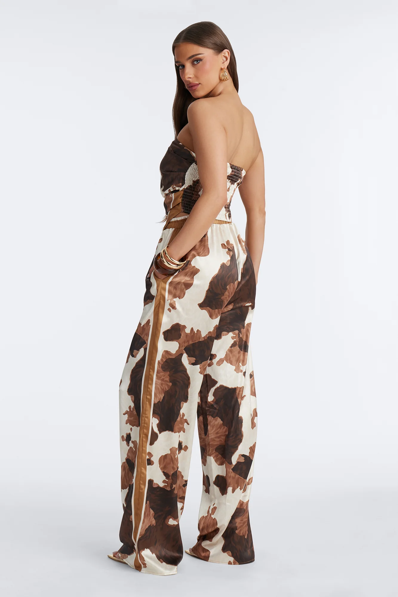 Noelle Cow Print Satin Pant Set - Brown/combo - Image 4