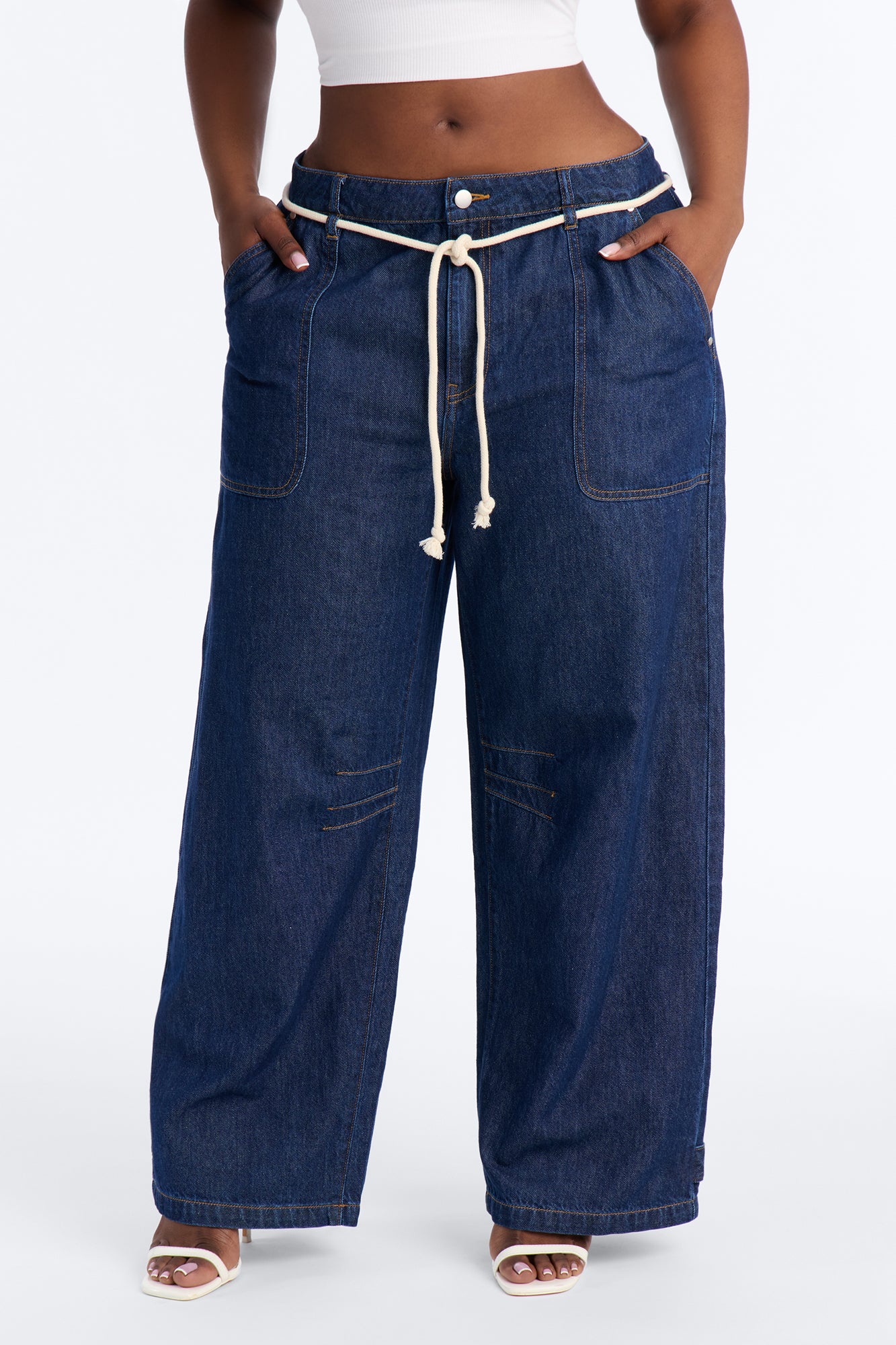 Nonchalant Drapey Tie Waist Jeans - Dark Denim - Image 7