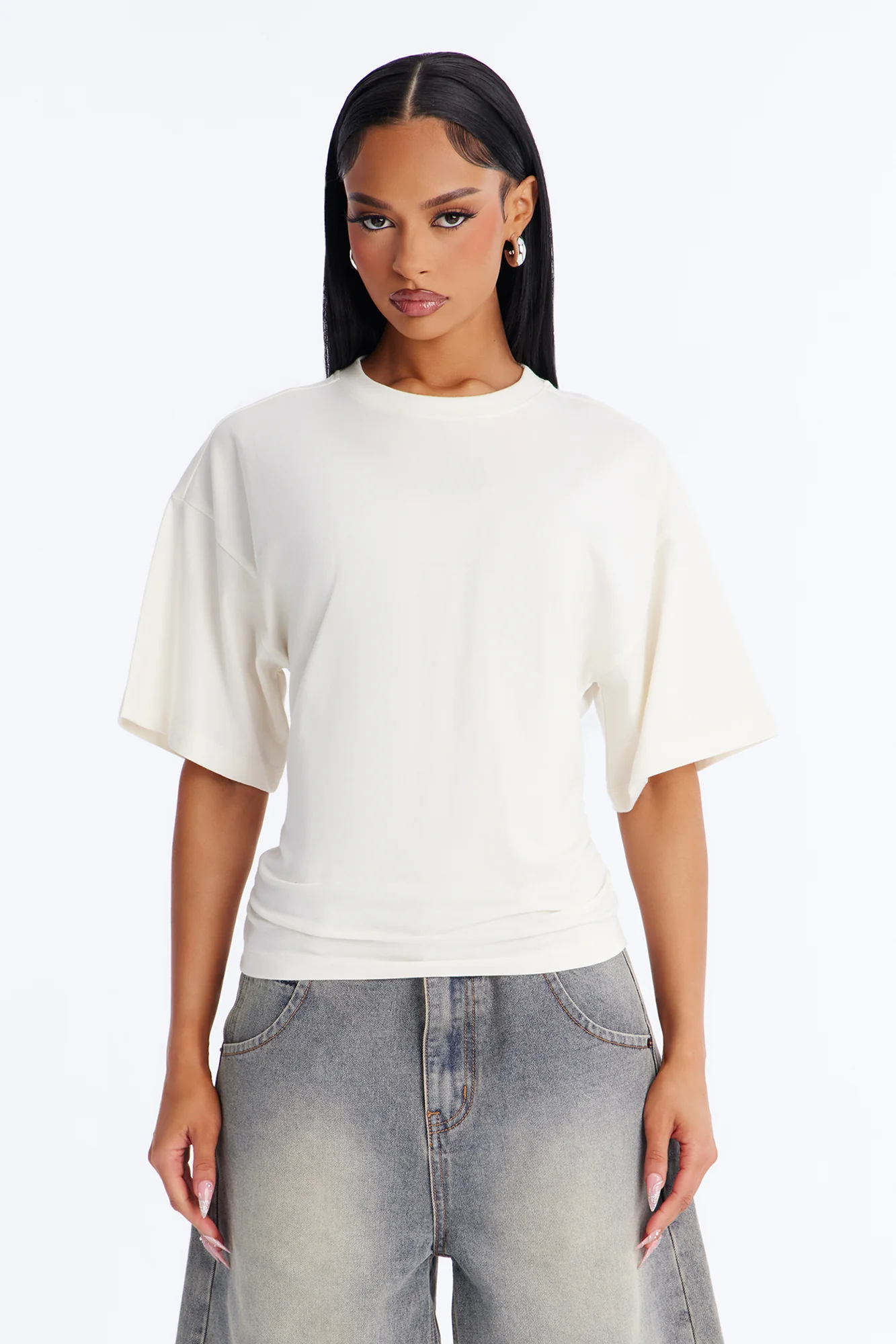 Nora Crew Neck Ruched Short Sleeve T-Shirt - Cream