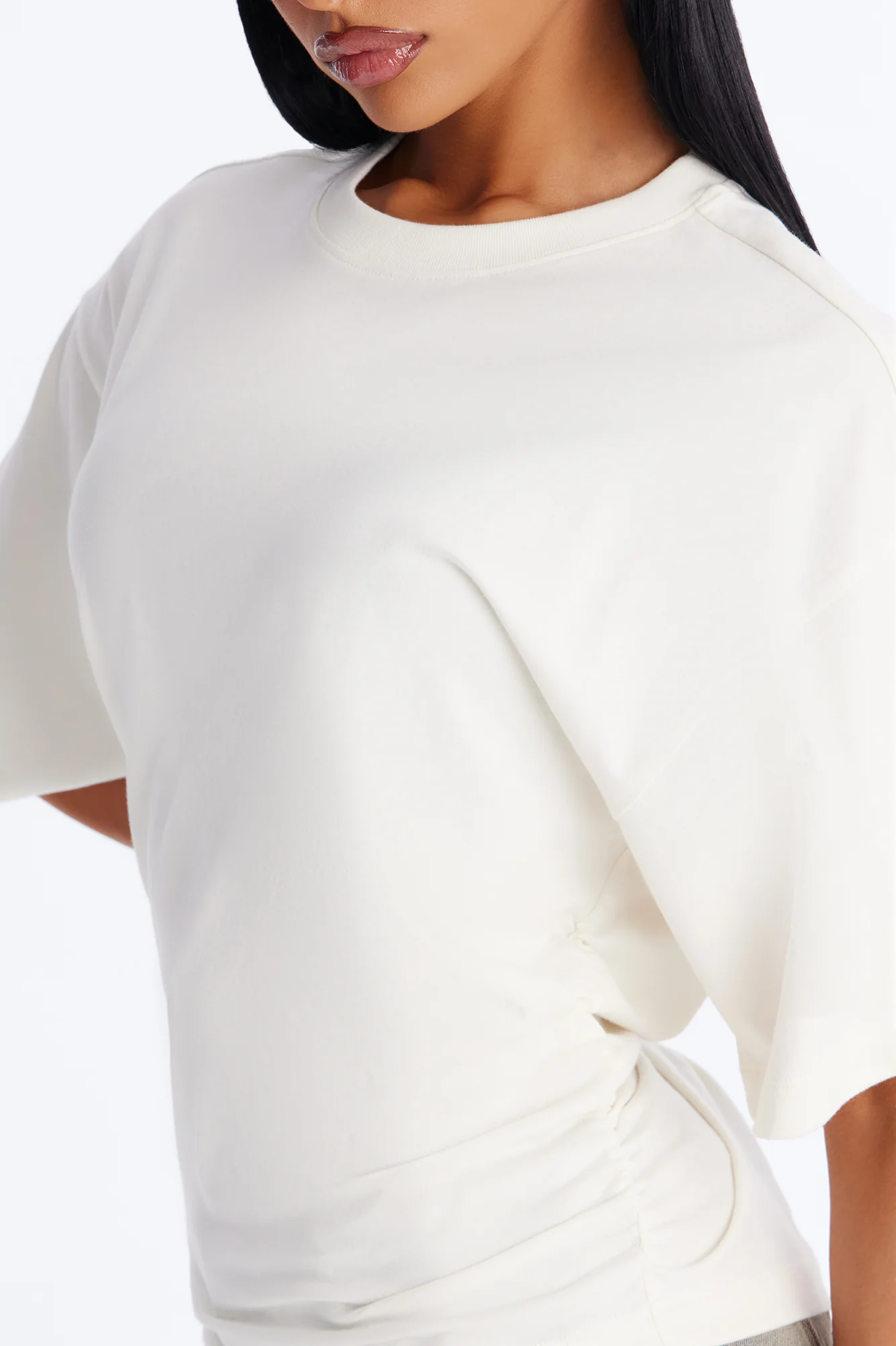 Nora Crew Neck Ruched Short Sleeve T-Shirt - Cream - Image 3