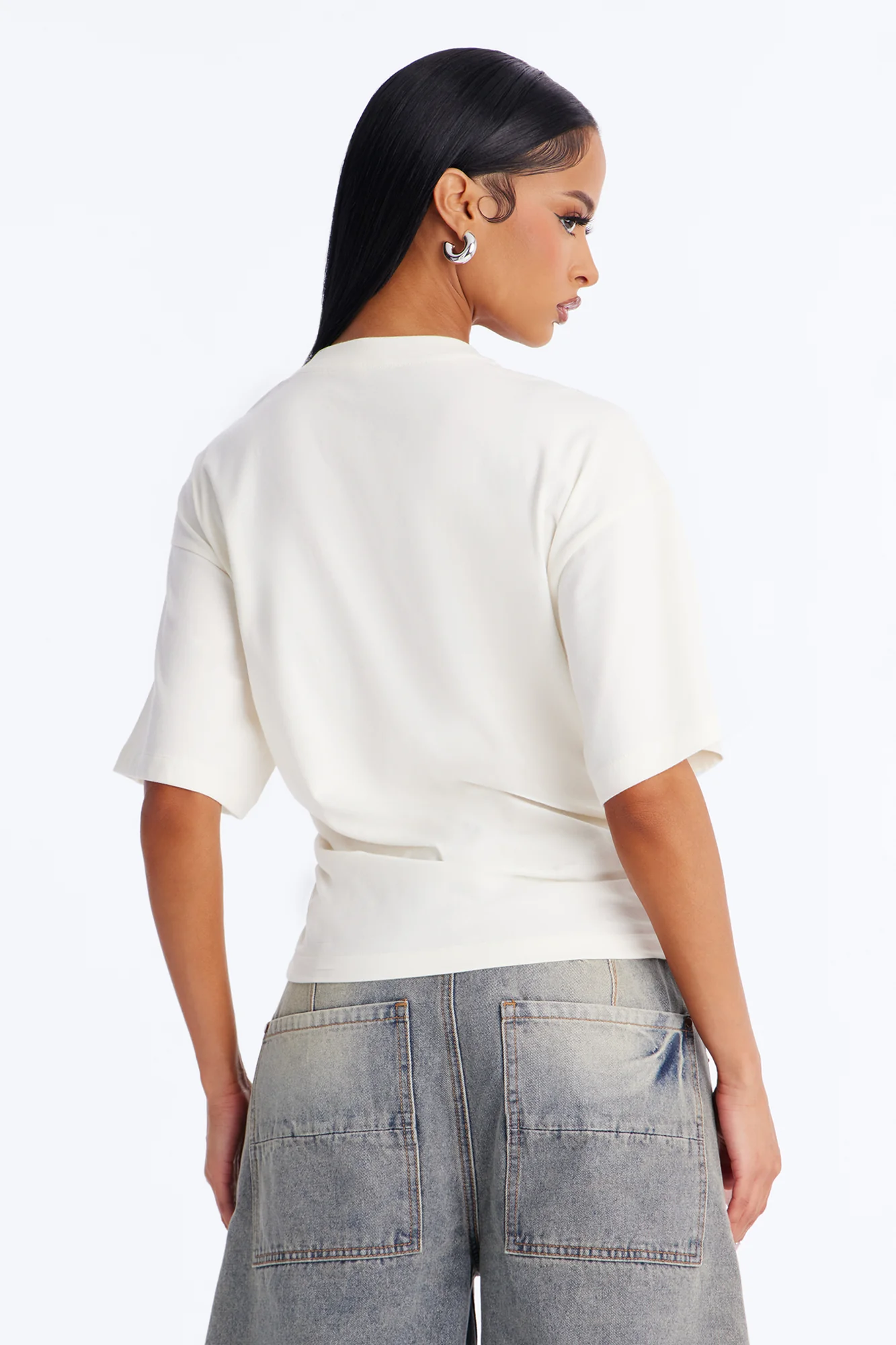 Nora Crew Neck Ruched Short Sleeve T-Shirt - Cream - Image 4