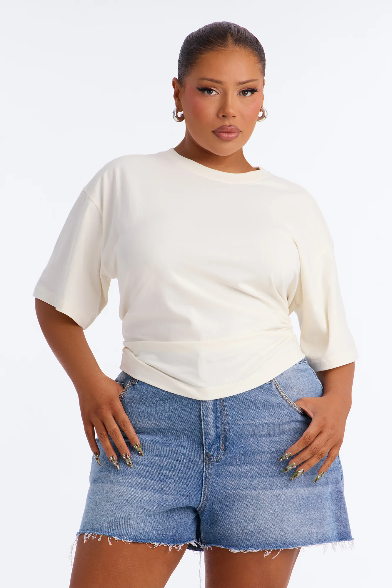 Nora Crew Neck Ruched Short Sleeve T-Shirt - Cream - Image 5