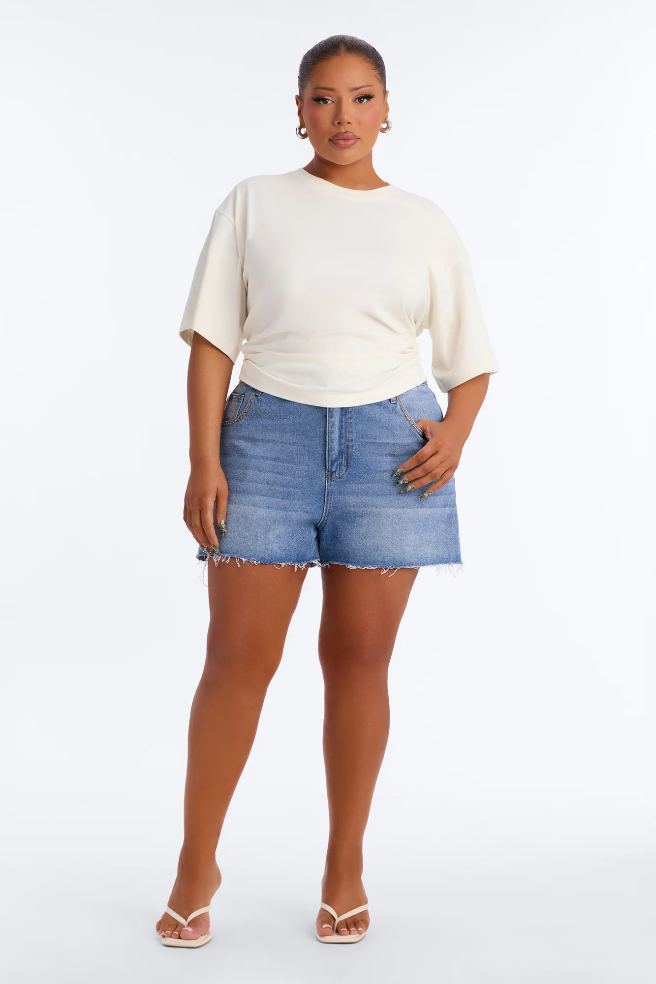 Nora Crew Neck Ruched Short Sleeve T-Shirt - Cream - Image 6