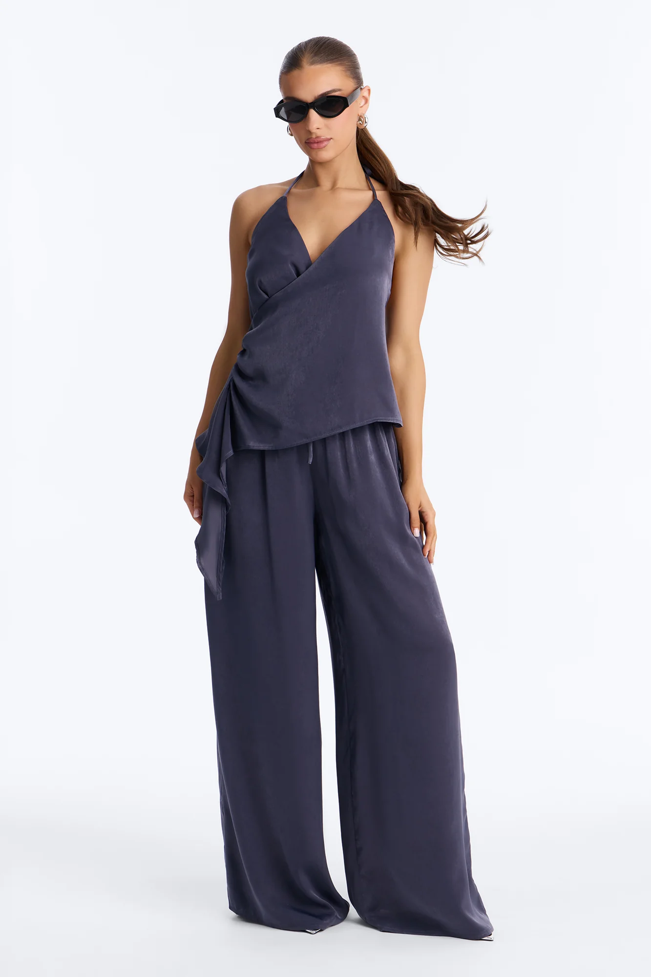 Normani Satin Halter Pant Set - Navy