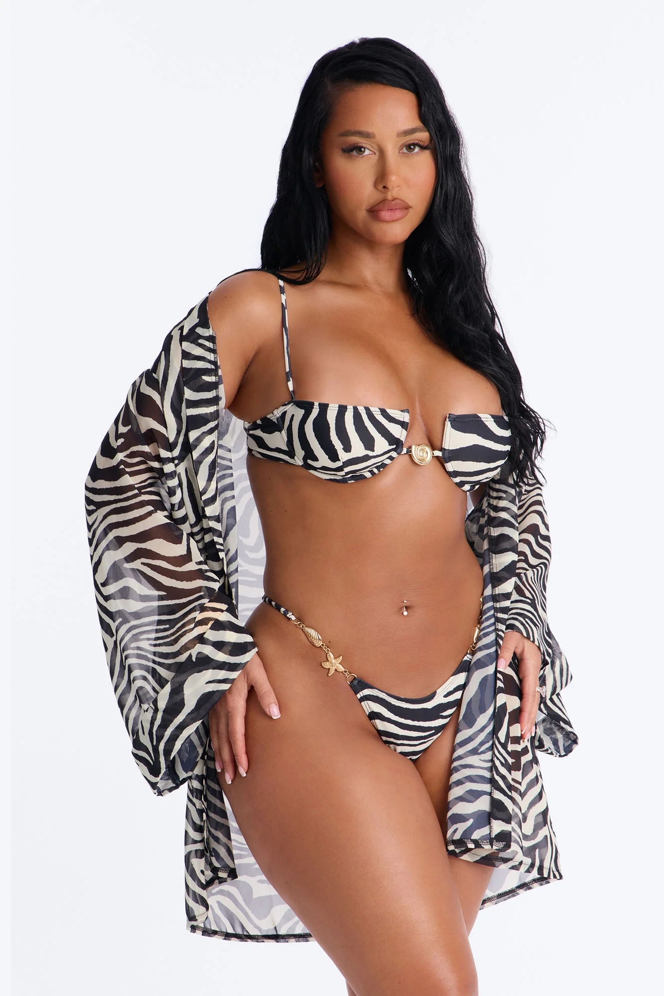 Nothing But A Stripe Waist Tie Swim Cover Up Kimono - Black/White - Image 2