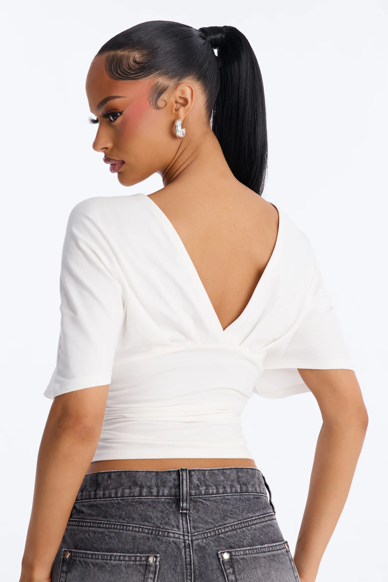 NY Deep V-Neck Fitted Tee - White - Image 3