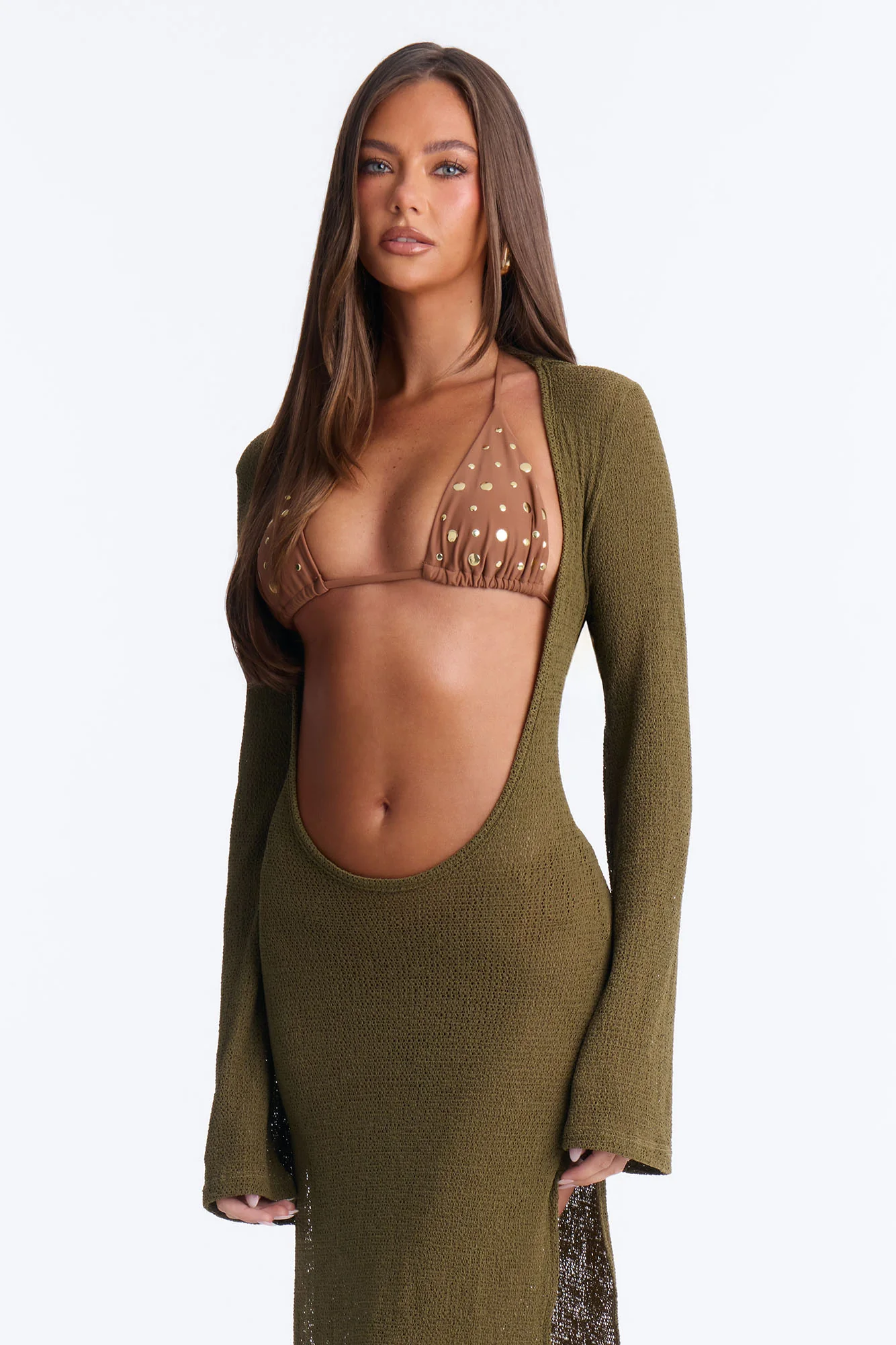 Ocean Breeze Knit Long Sleeve Cover Up Maxi Dress - Olive - Image 2