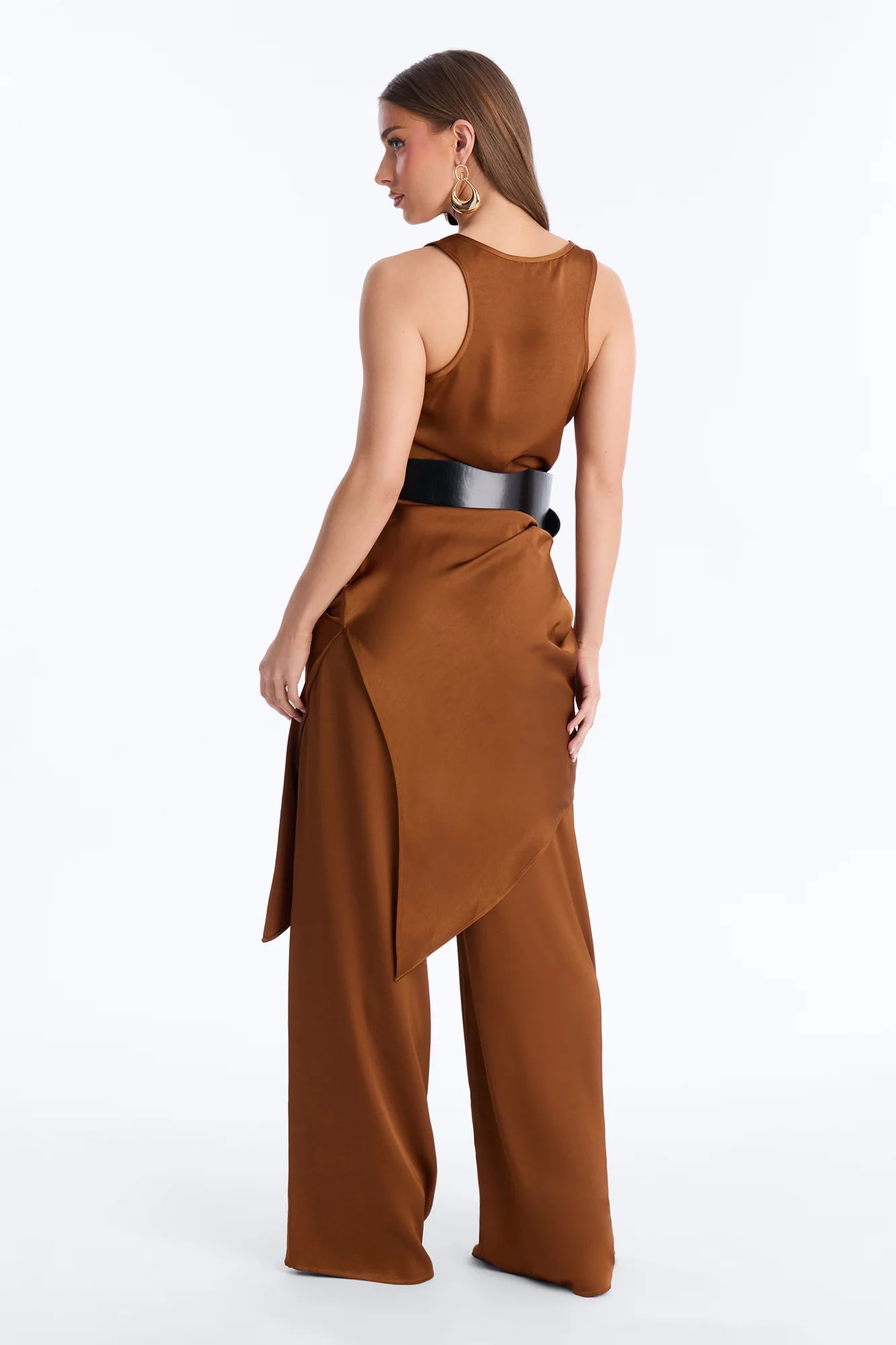 Oh So Chic Belted 3 Piece Satin Pant Set - Bronze - Image 4