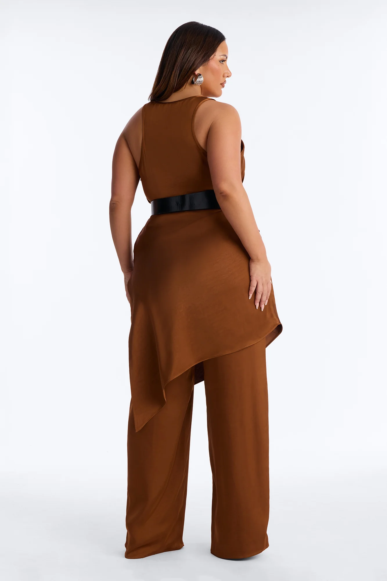 Oh So Chic Belted 3 Piece Satin Pant Set - Bronze - Image 8