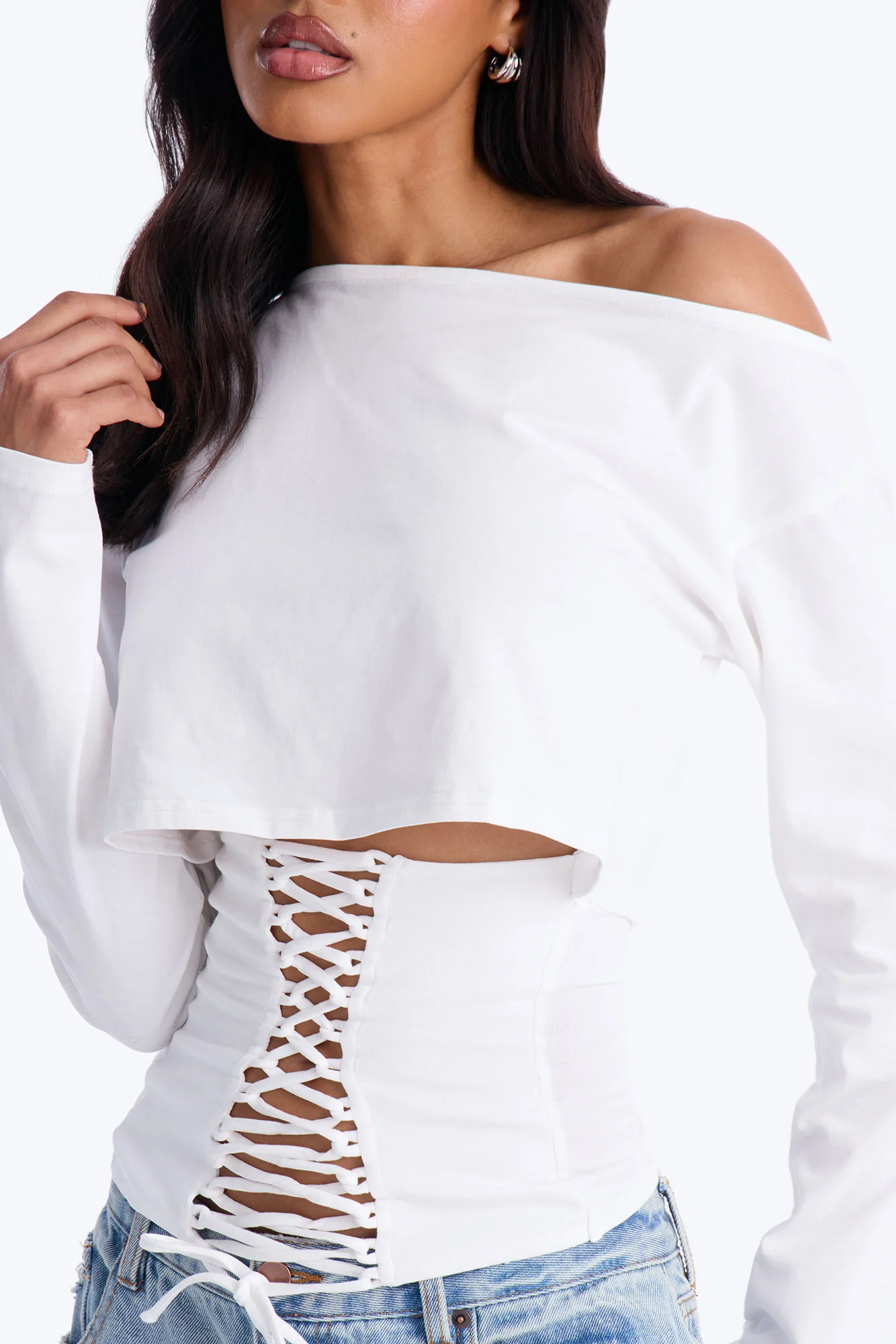 Olandria Off Shoulder Lace Up Long Sleeve Top - White - Image 3