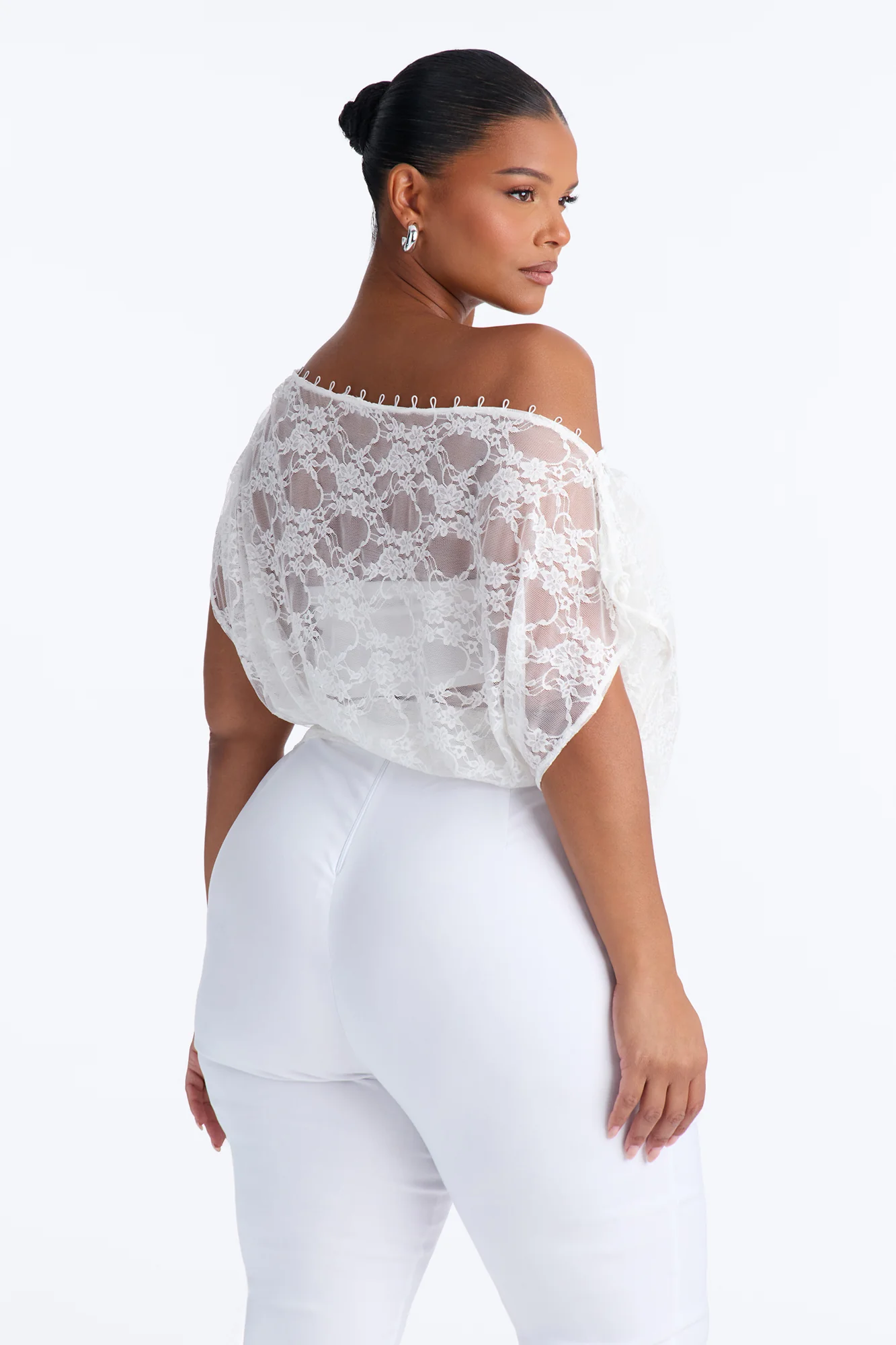 Olivia Off Shoulder Sheer Lace Top - White - Image 7