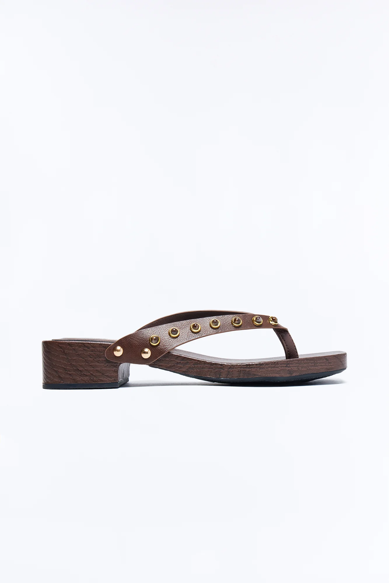 Olivie Studded Wood Flip Flops - Brown - Image 3