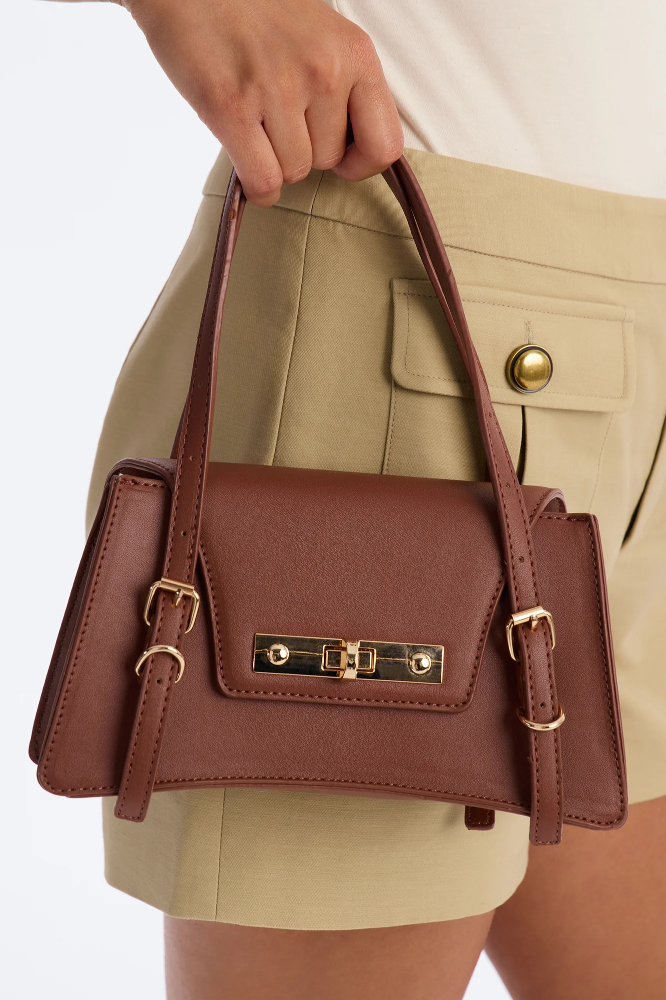 On That Note Faux Leather Satchel Handbag - Brown