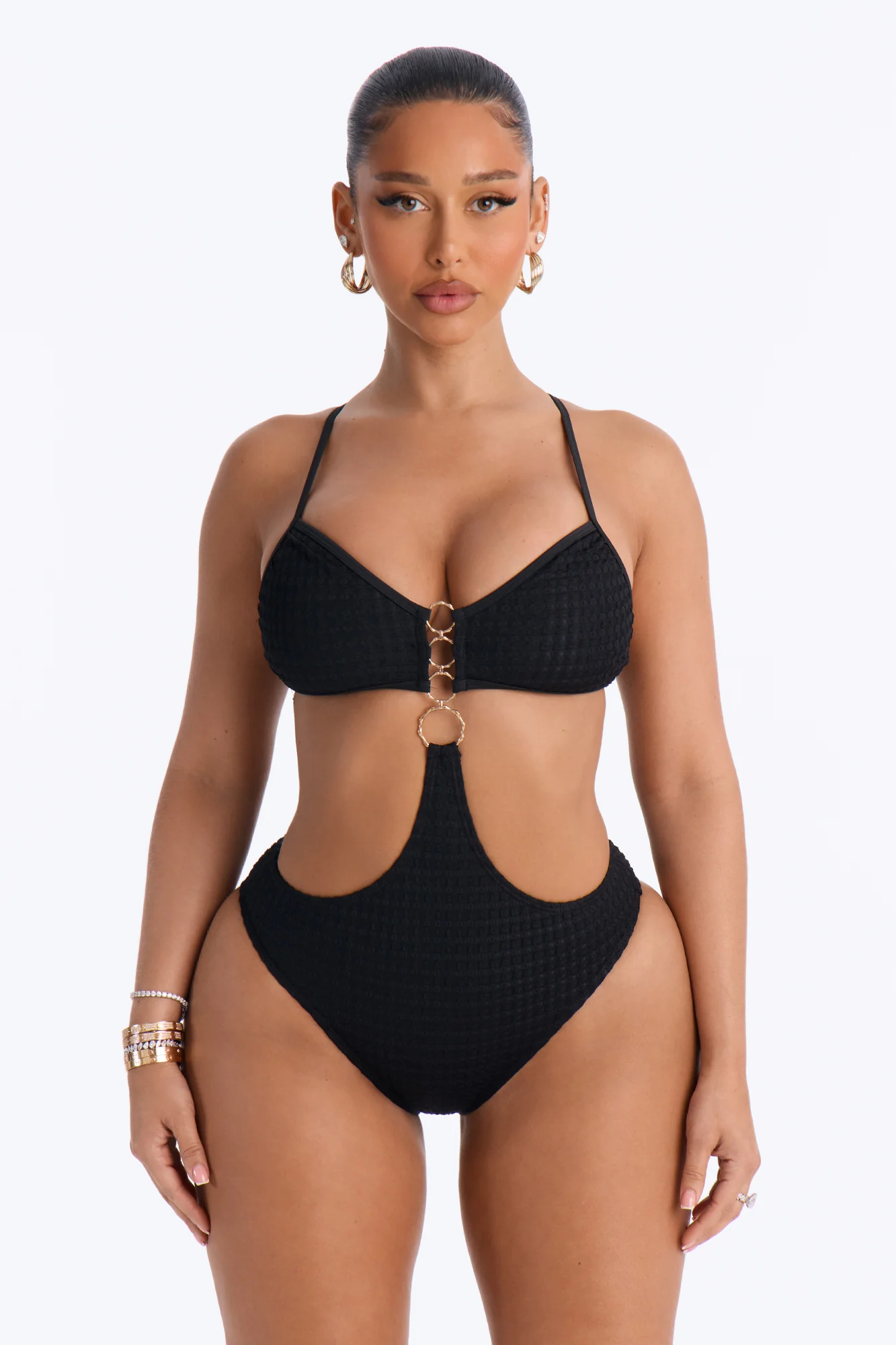 On The Sunny Side 1 Piece Ribbed Cut Out Swimsuit - Black