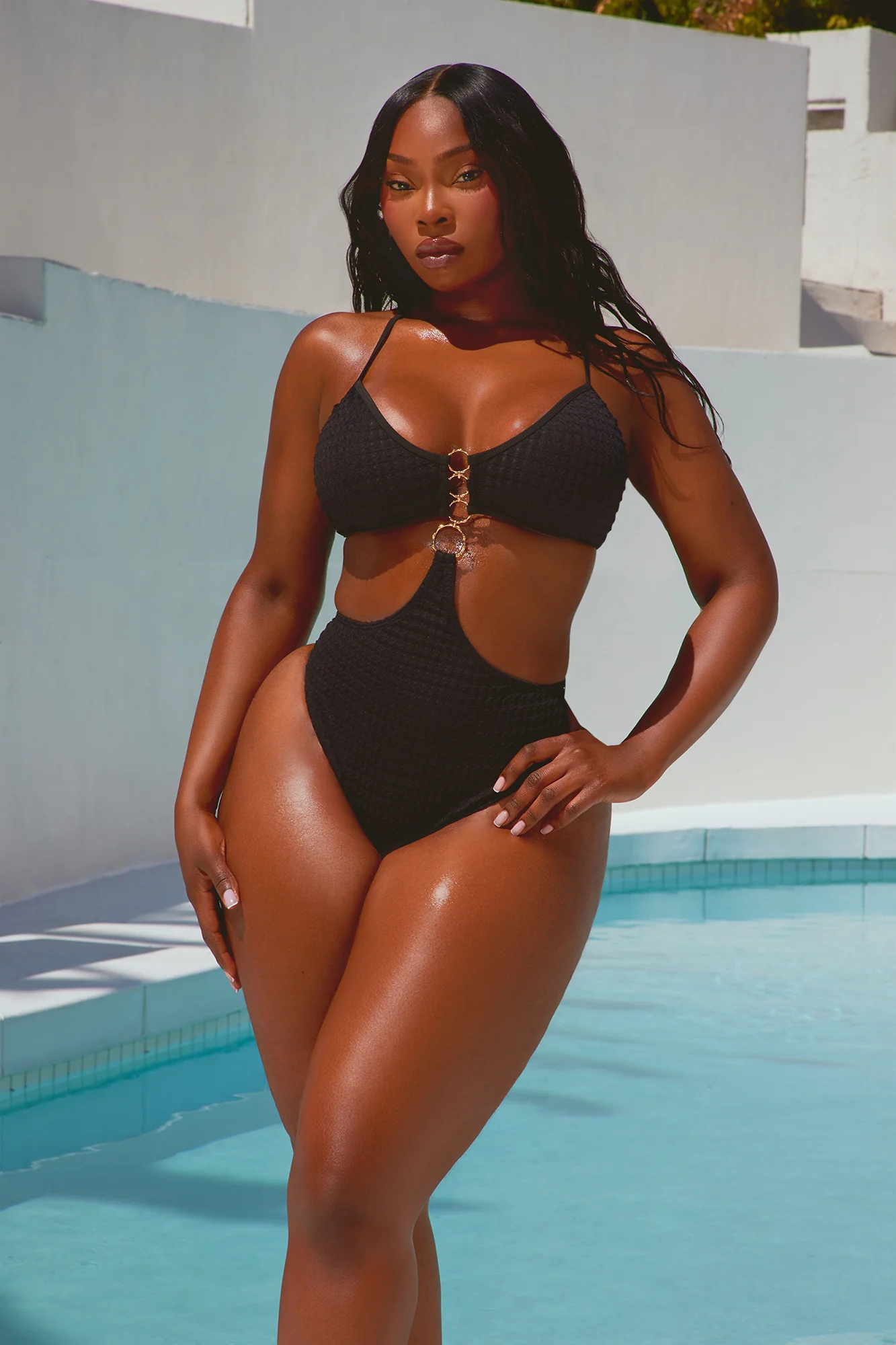 On The Sunny Side 1 Piece Ribbed Cut Out Swimsuit - Black - Image 4