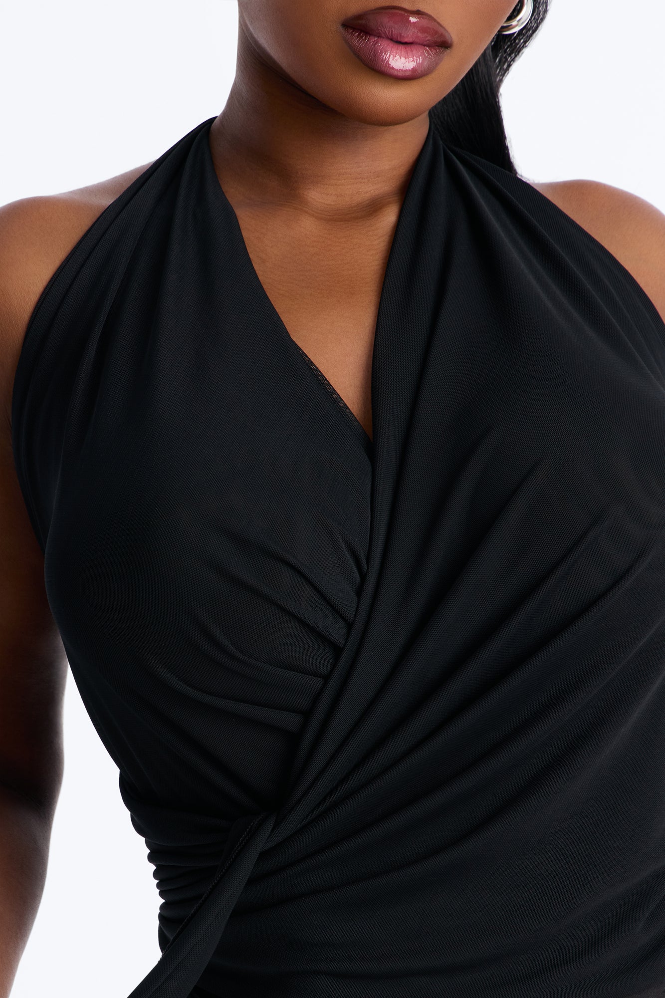 On Your Mind Mesh Draped Backless Halter Top - Black - Image 7
