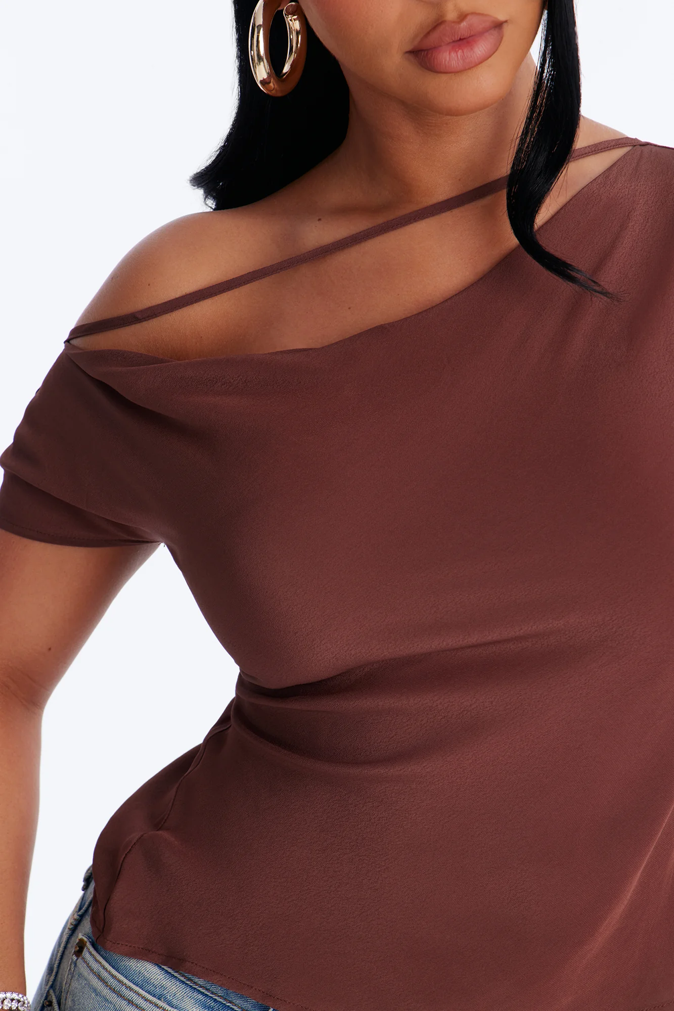 One More Drink One Shoulder Satin Blouse - Chocolate - Image 3