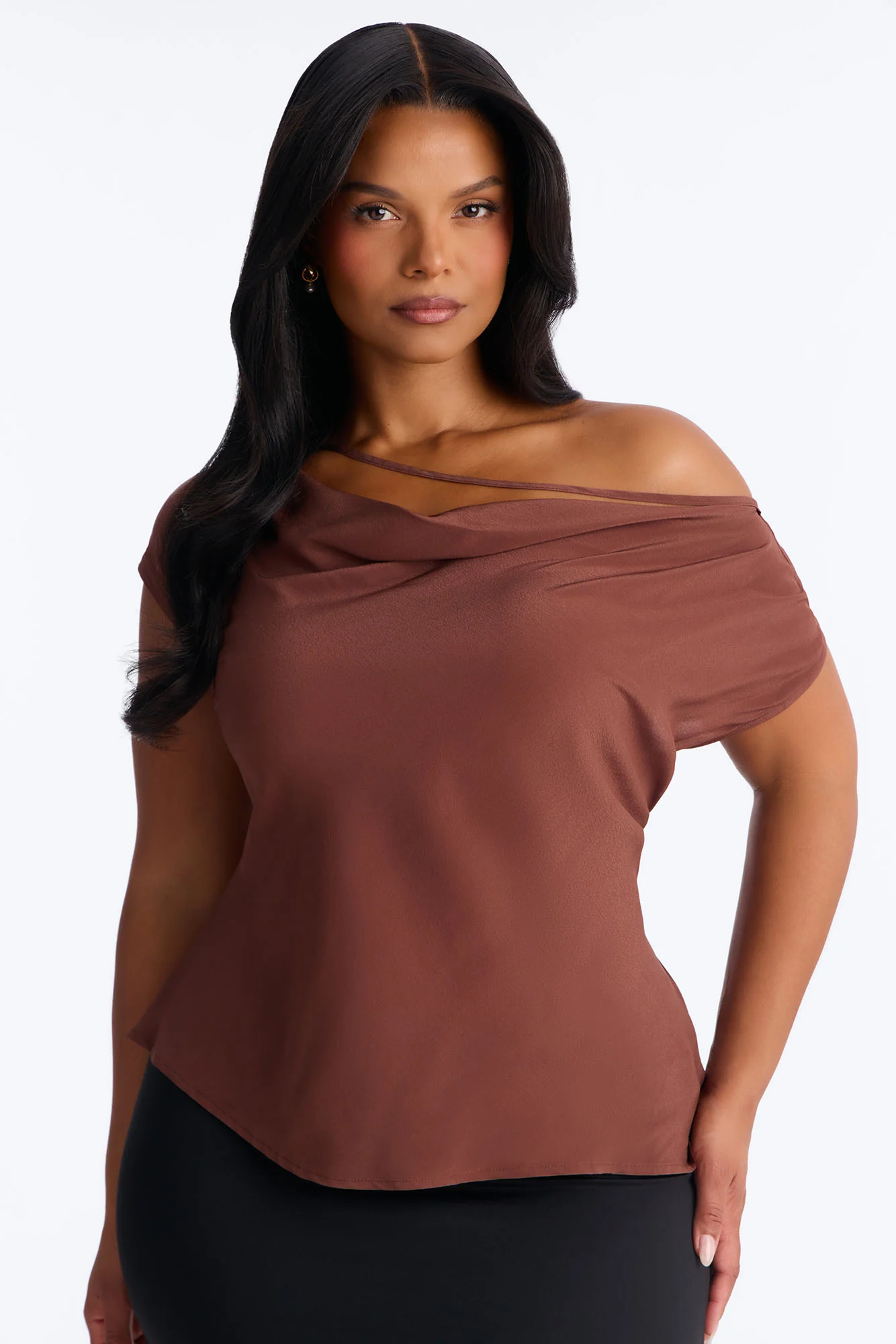 One More Drink One Shoulder Satin Blouse - Chocolate - Image 5
