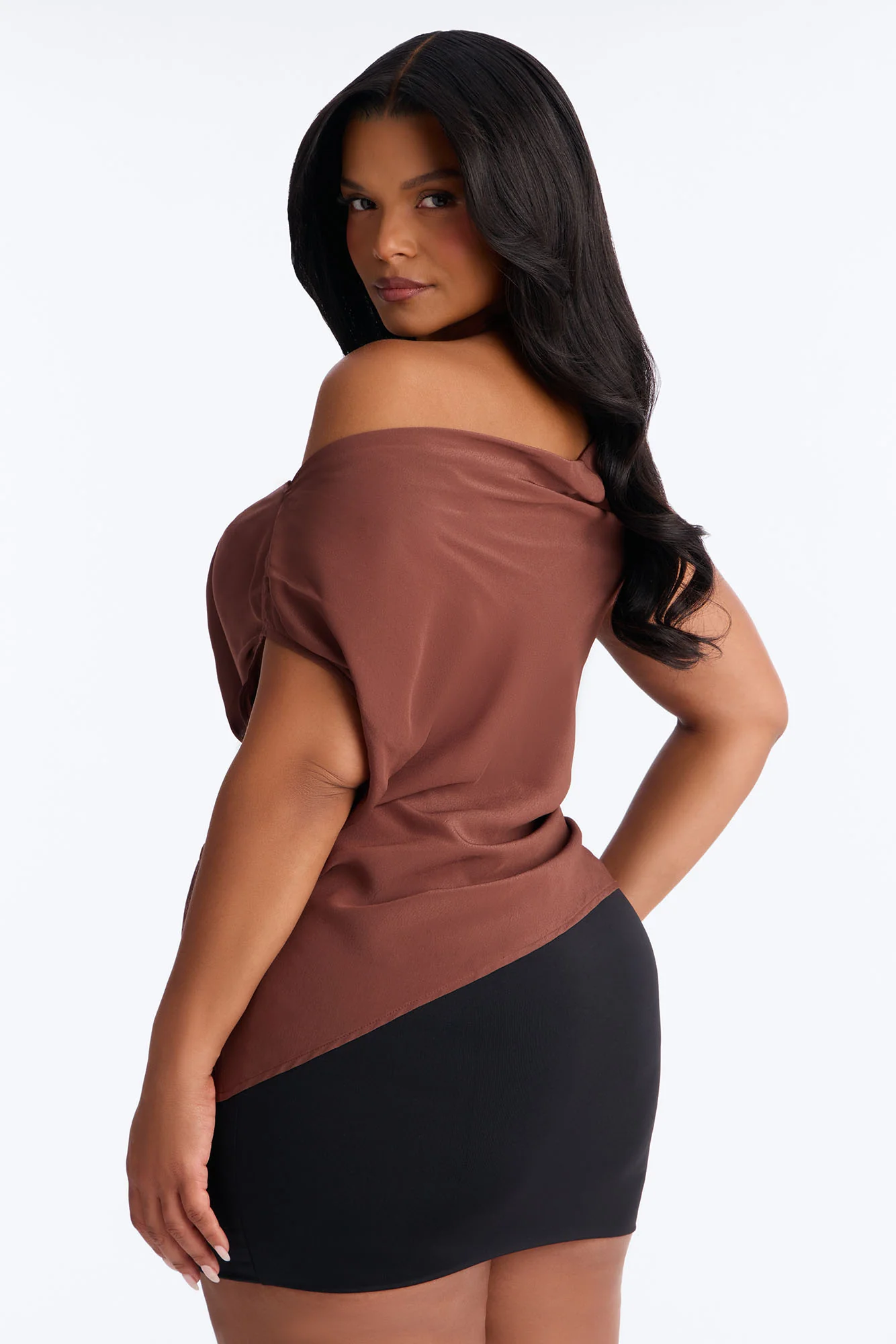 One More Drink One Shoulder Satin Blouse - Chocolate - Image 7