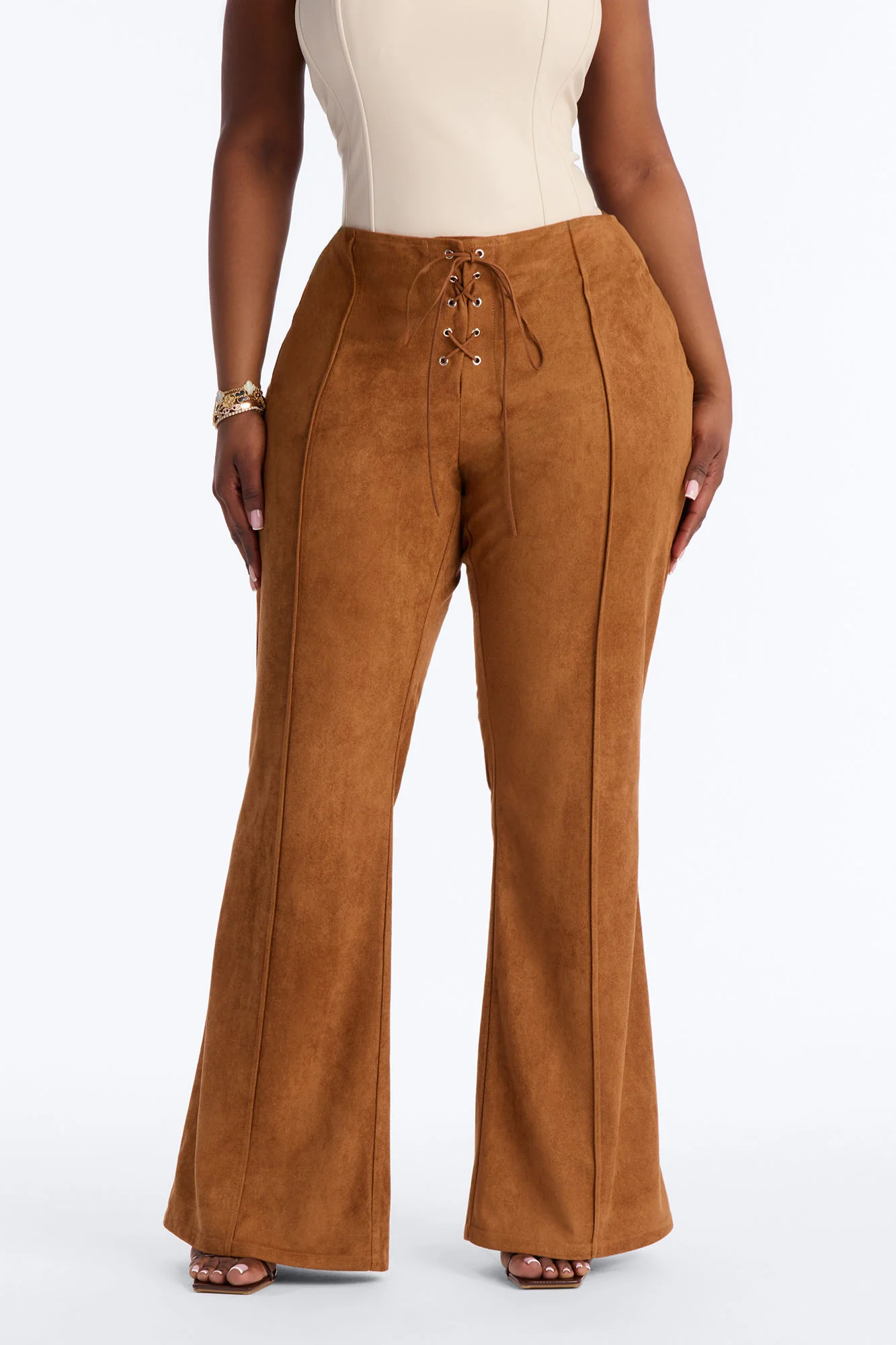 Out West Faux Suede Lace Front Straight Leg Pant - Camel - Image 6