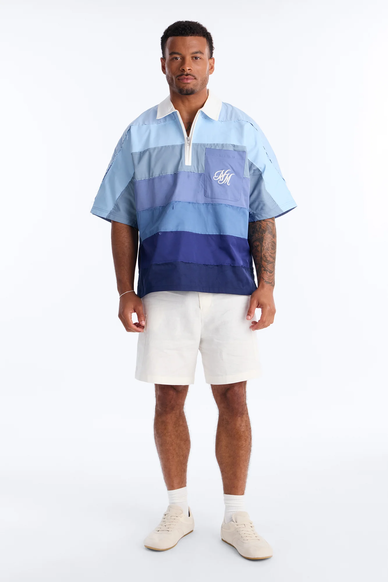 Oversized Frayed Zip Collar Polo - Blue - Image 2