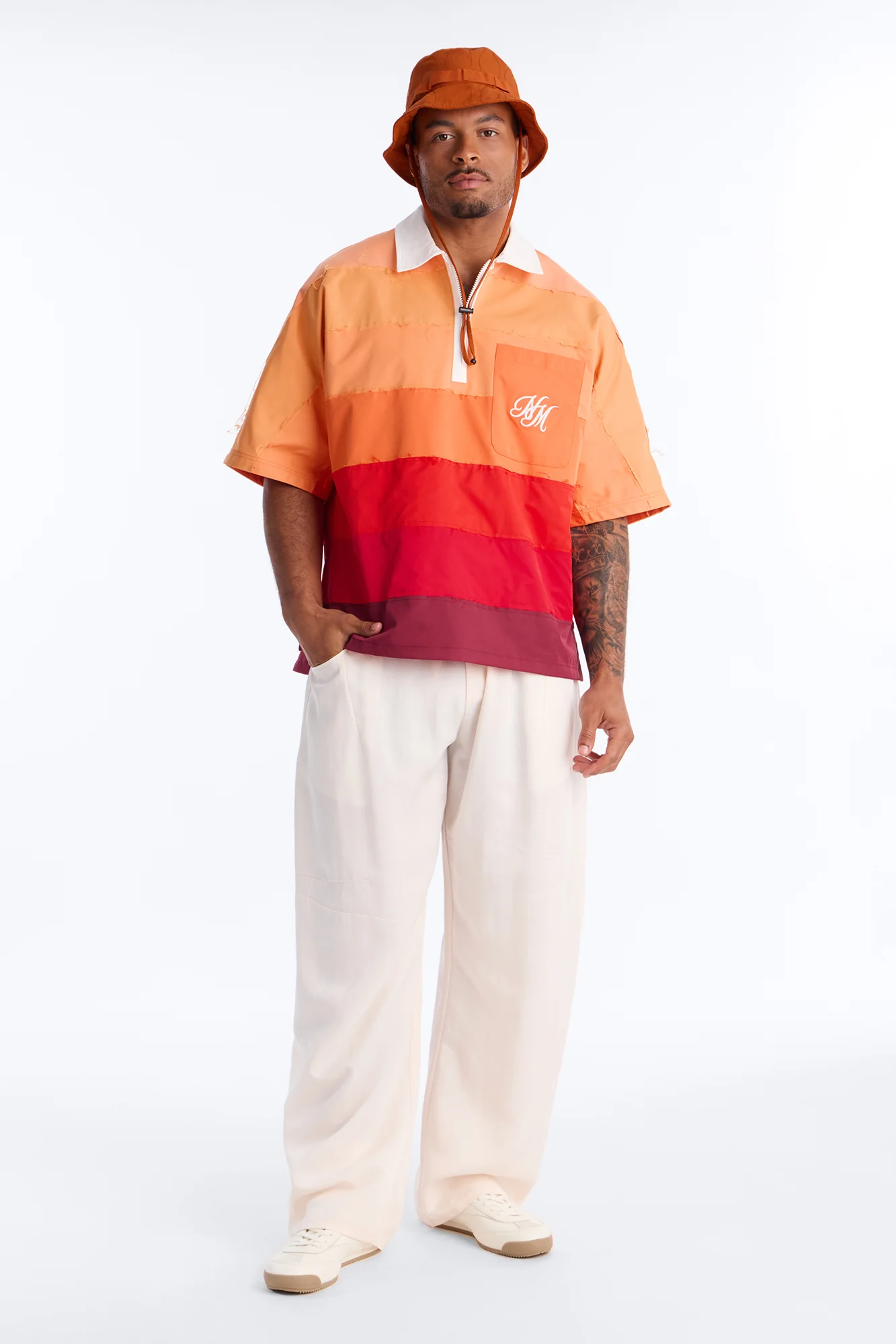 Oversized Frayed Zip Collar Polo - Orange - Image 2