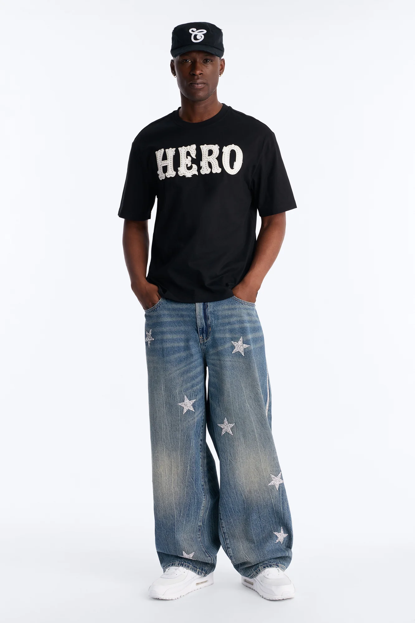 Oversized Hero Rhinestone Patch Short Sleeve Tee - Black - Image 2