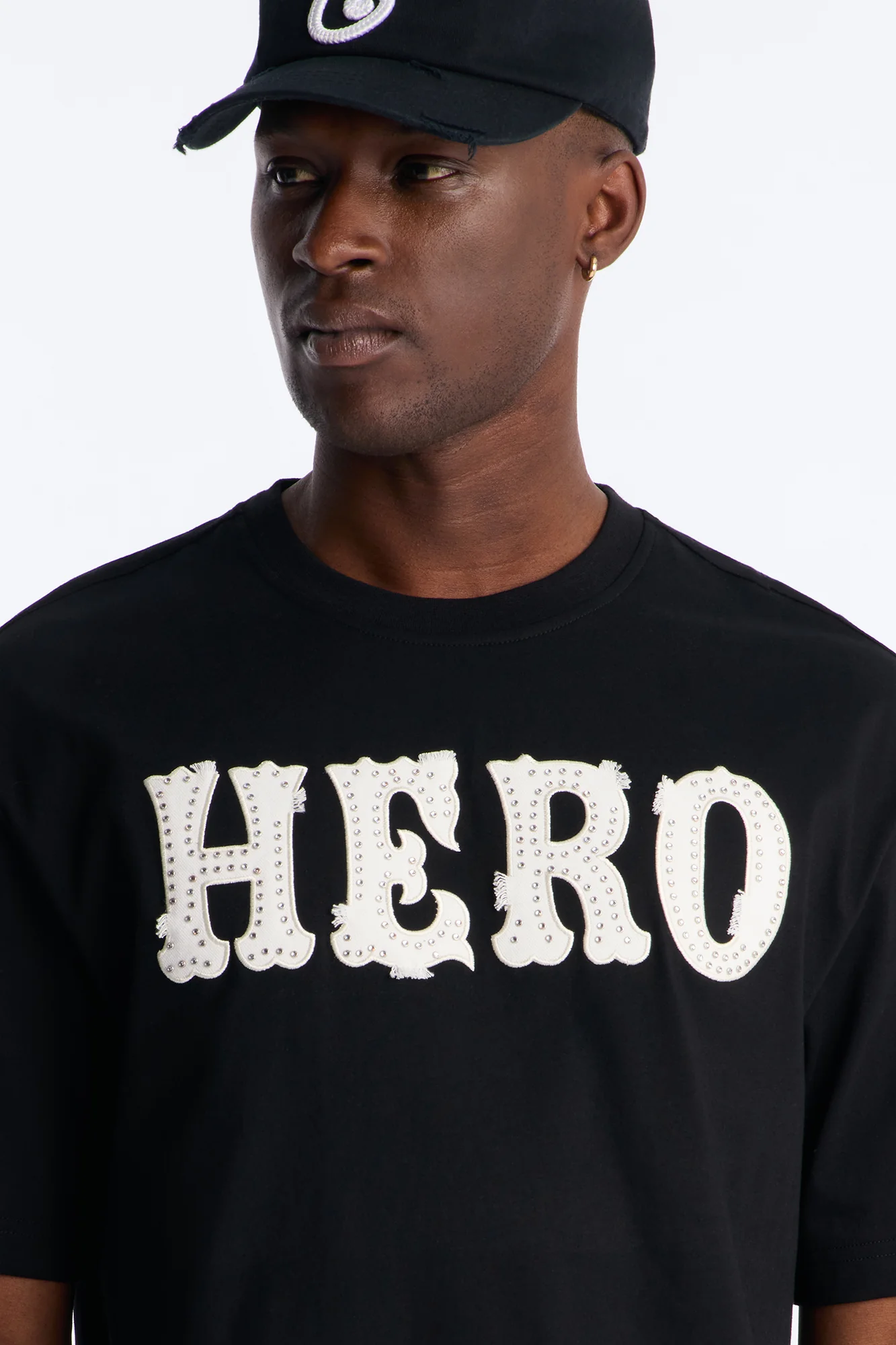 Oversized Hero Rhinestone Patch Short Sleeve Tee - Black - Image 3