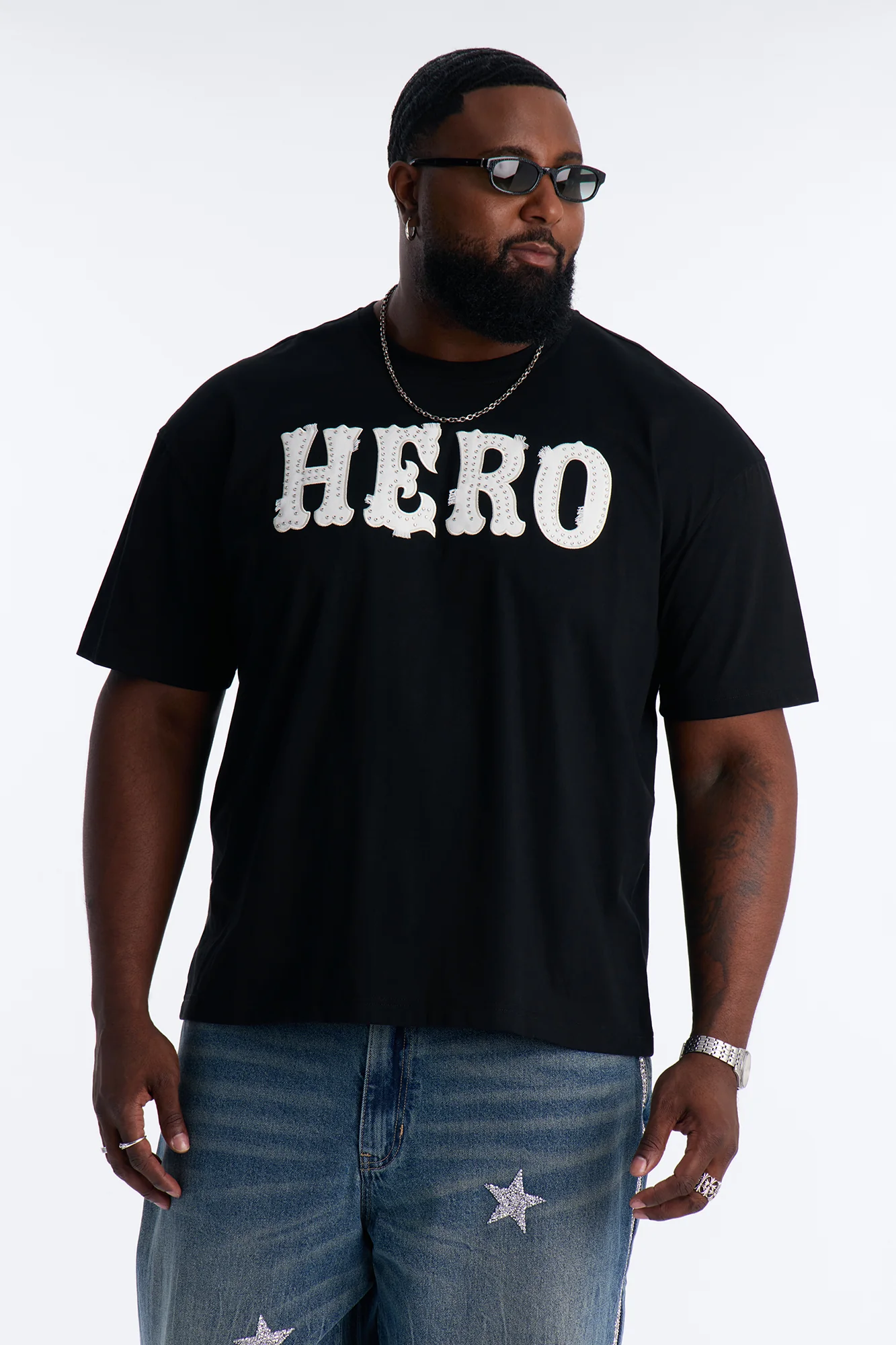 Oversized Hero Rhinestone Patch Short Sleeve Tee - Black - Image 4