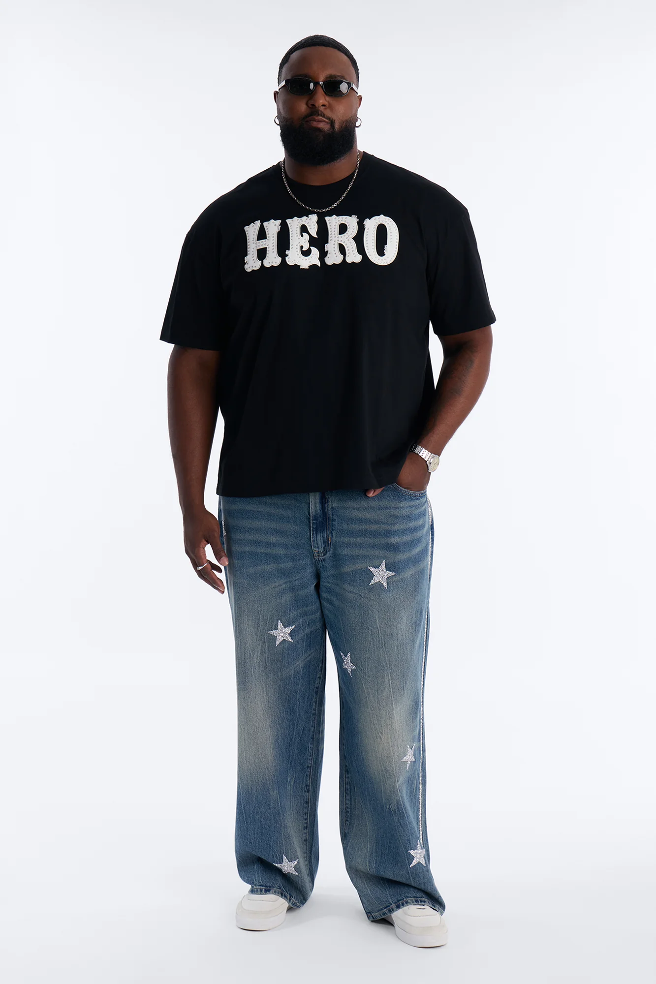 Oversized Hero Rhinestone Patch Short Sleeve Tee - Black - Image 5