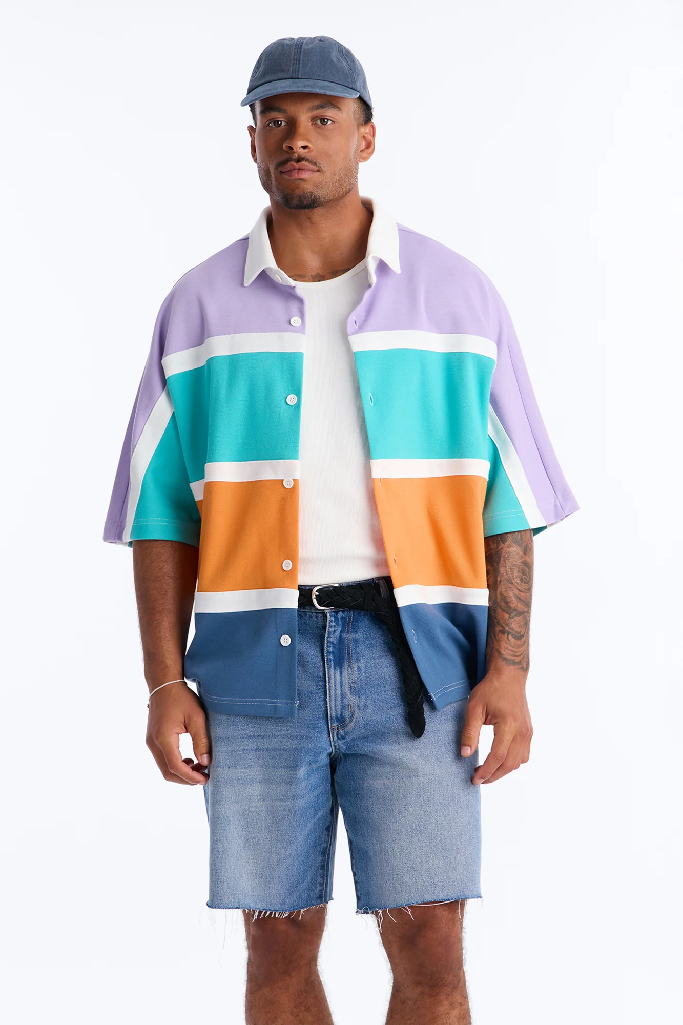 Oversized Spring Rush Pique Button Up Shirt - Blue