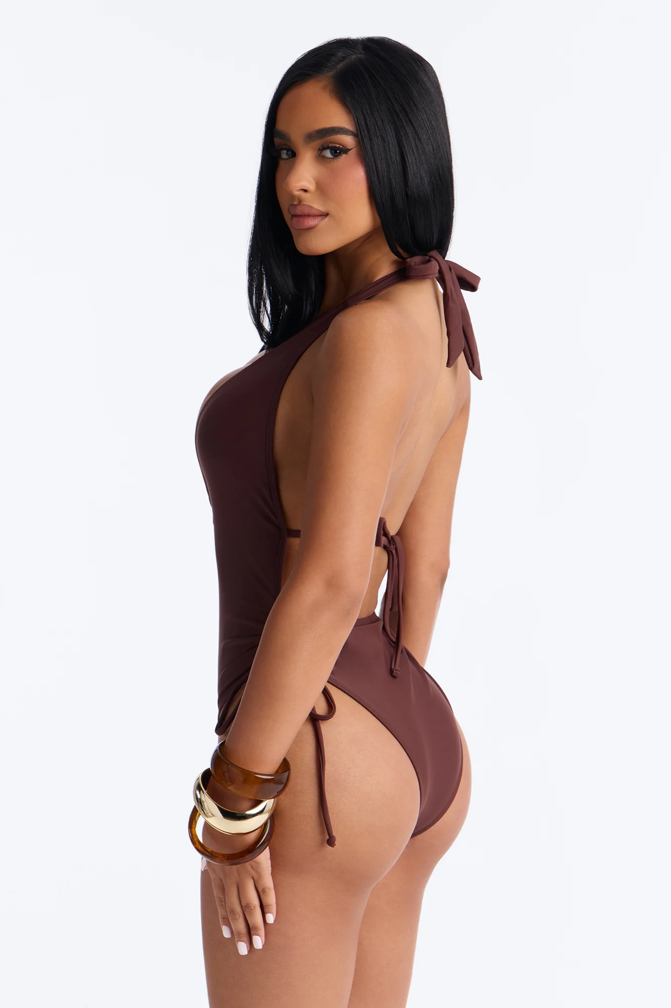 Paige Hardware Deep V-Neck Side Ruching 1 Piece Swimsuit - Brown - Image 4