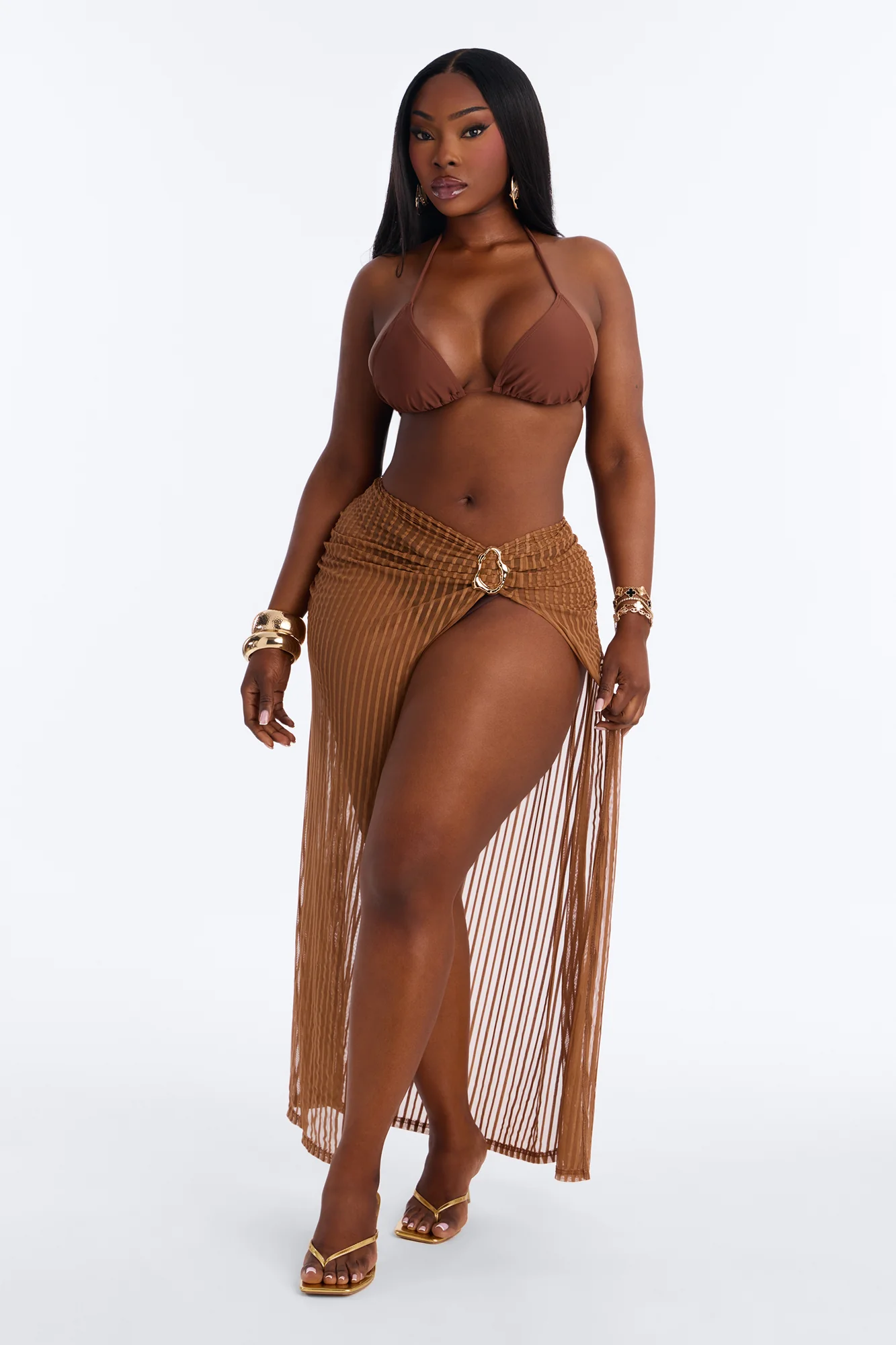 Palm Shade Stripe Hardware Cover Up Maxi Skirt - Mocha - Image 5