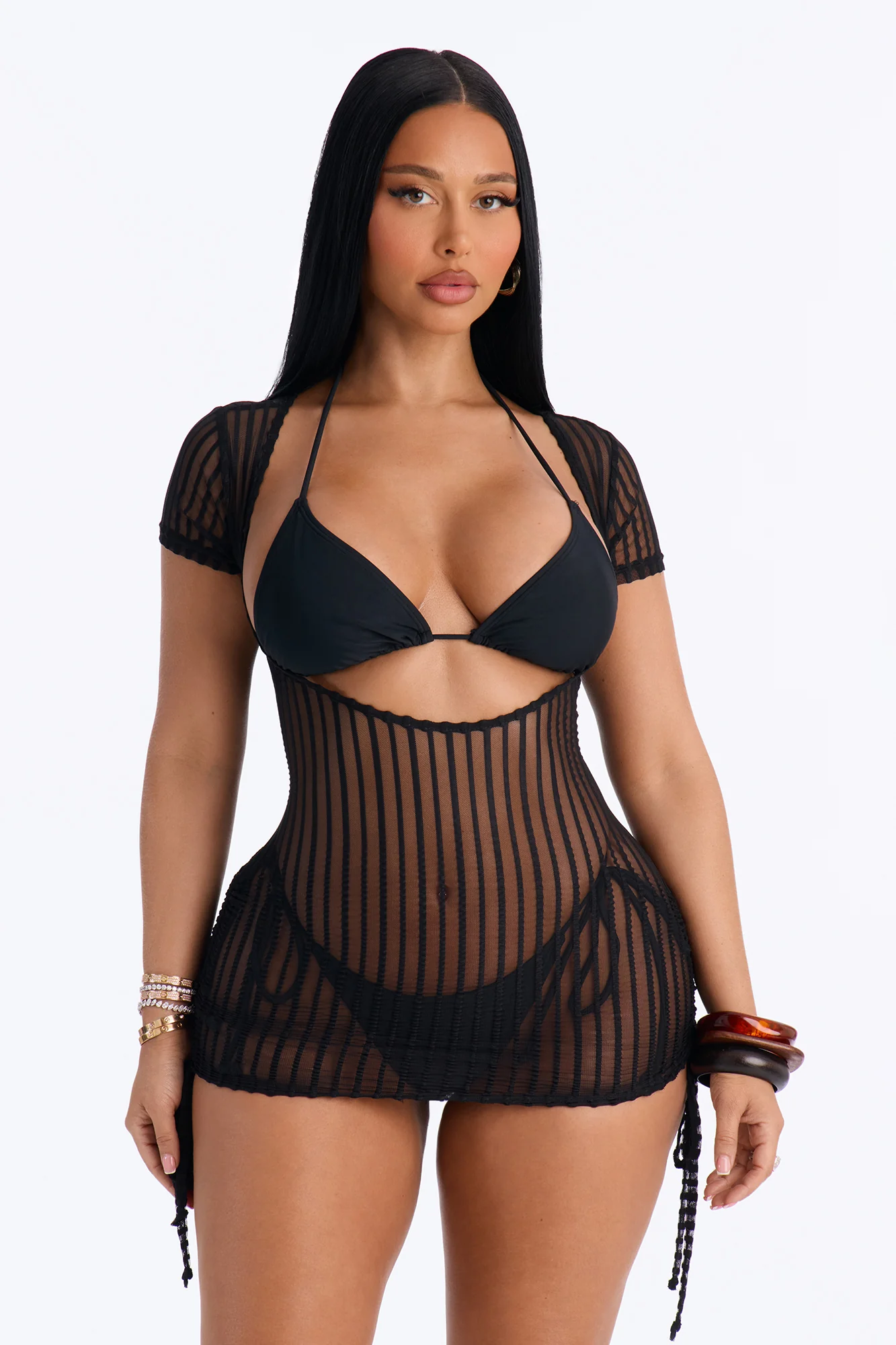 Palm Shade Stripe Mesh Open Front Cover Up Dress - Black