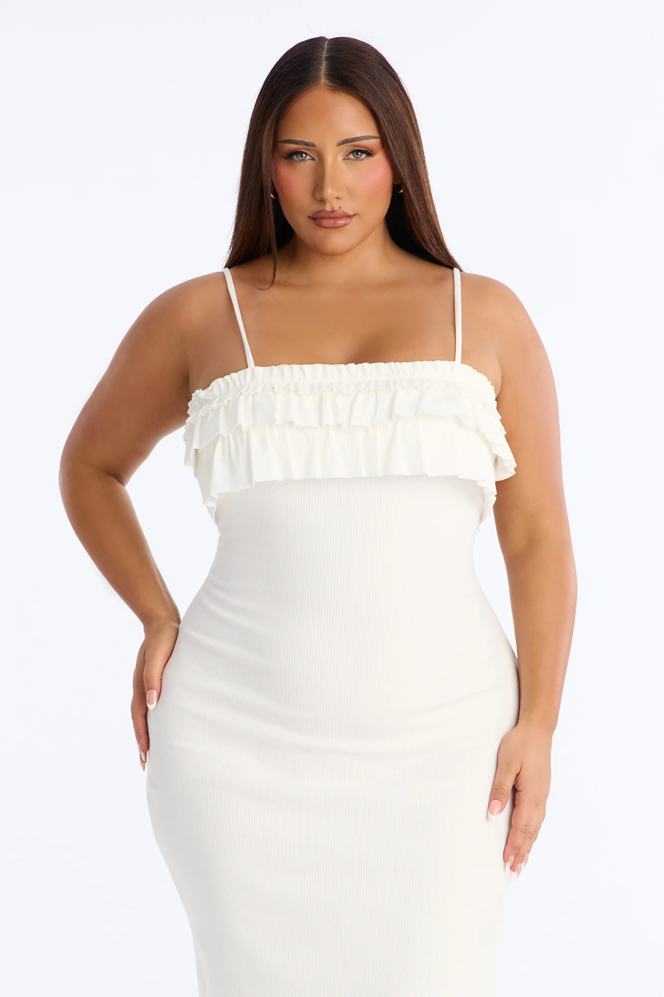 Paloma Ruffle Ribbed Midi Dress - White - Image 5