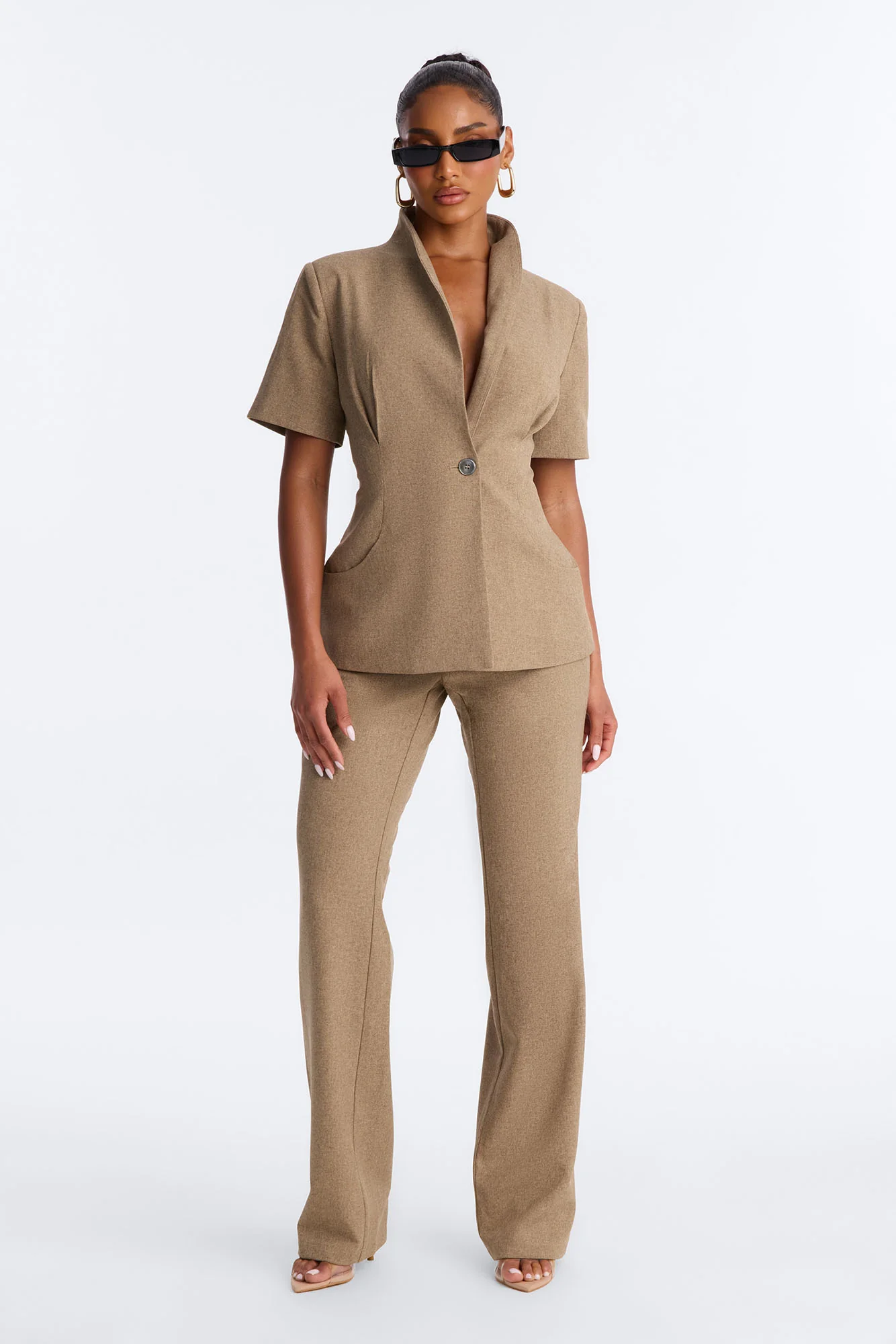 Panthere Short Sleeve Rounded Stand Collar Blazer - Caffe - Image 2