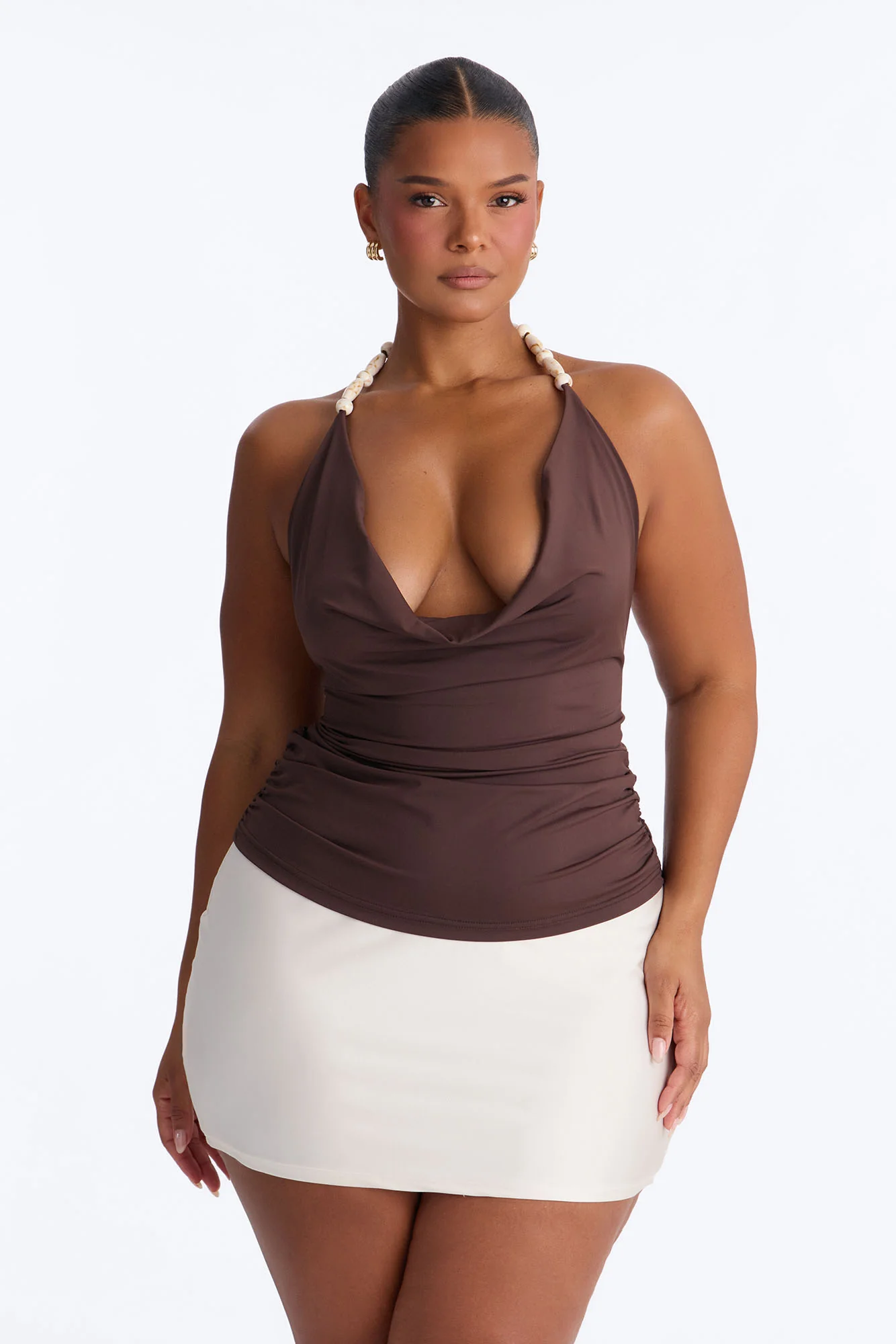 Paradise Nights Beaded Cowl Neck Halter Top - Chocolate - Image 6