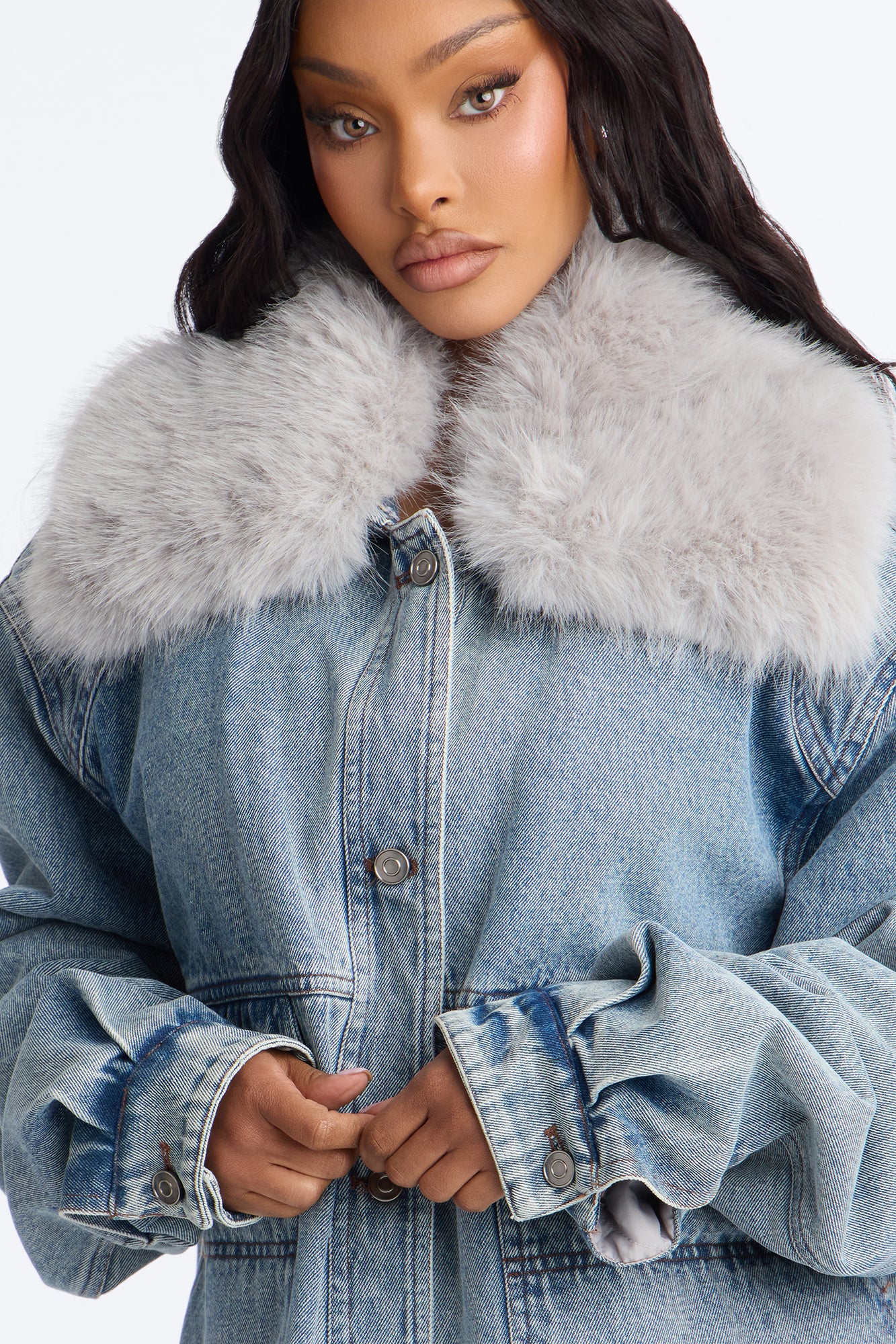 Park City Faux Fur Boyfriend Denim Jacket - Medium Wash - Image 3