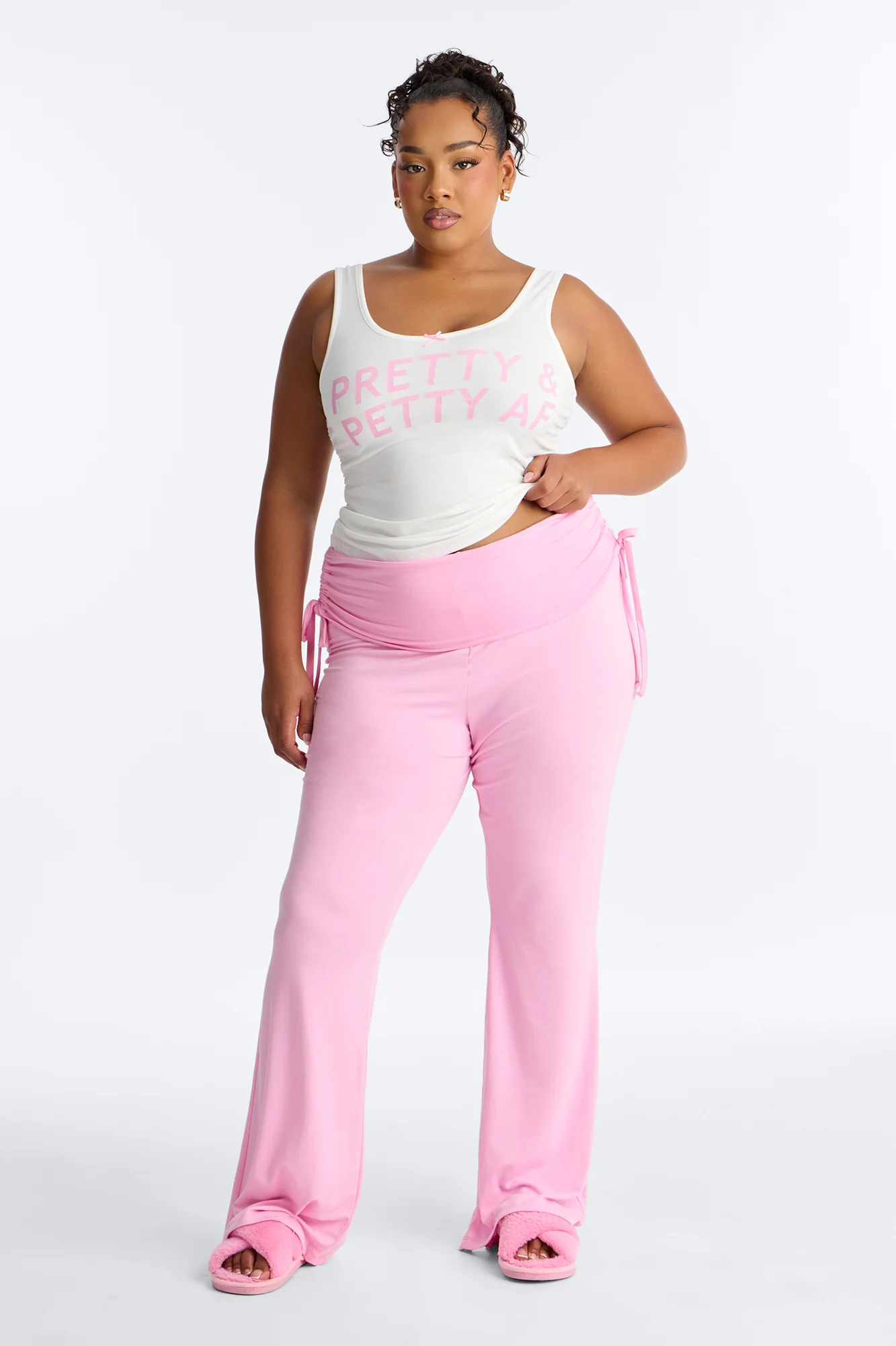 Petty Dreams Tank PJ Foldover Pant Set - White/Pink - Image 5