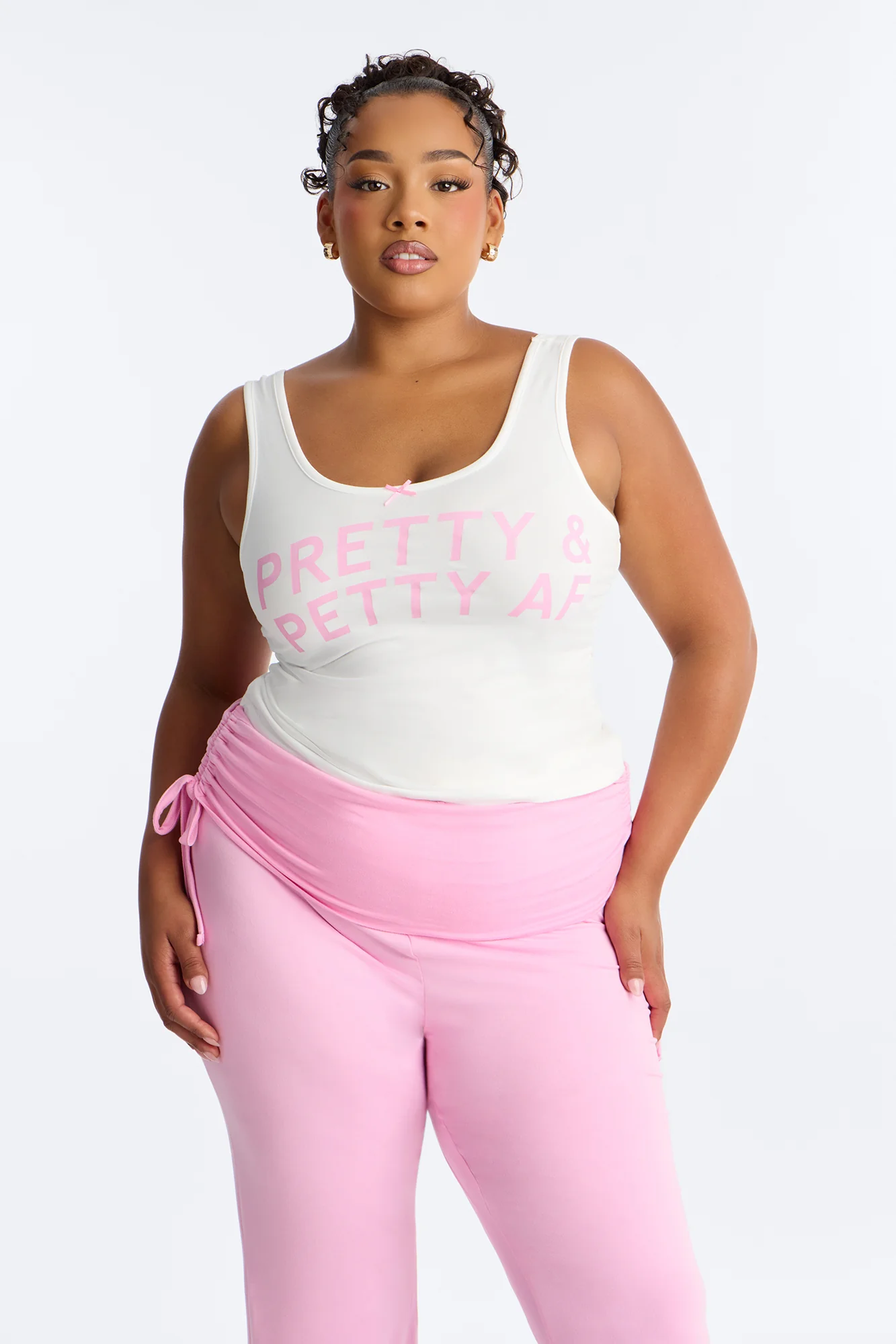 Petty Dreams Tank PJ Foldover Pant Set - White/Pink - Image 8