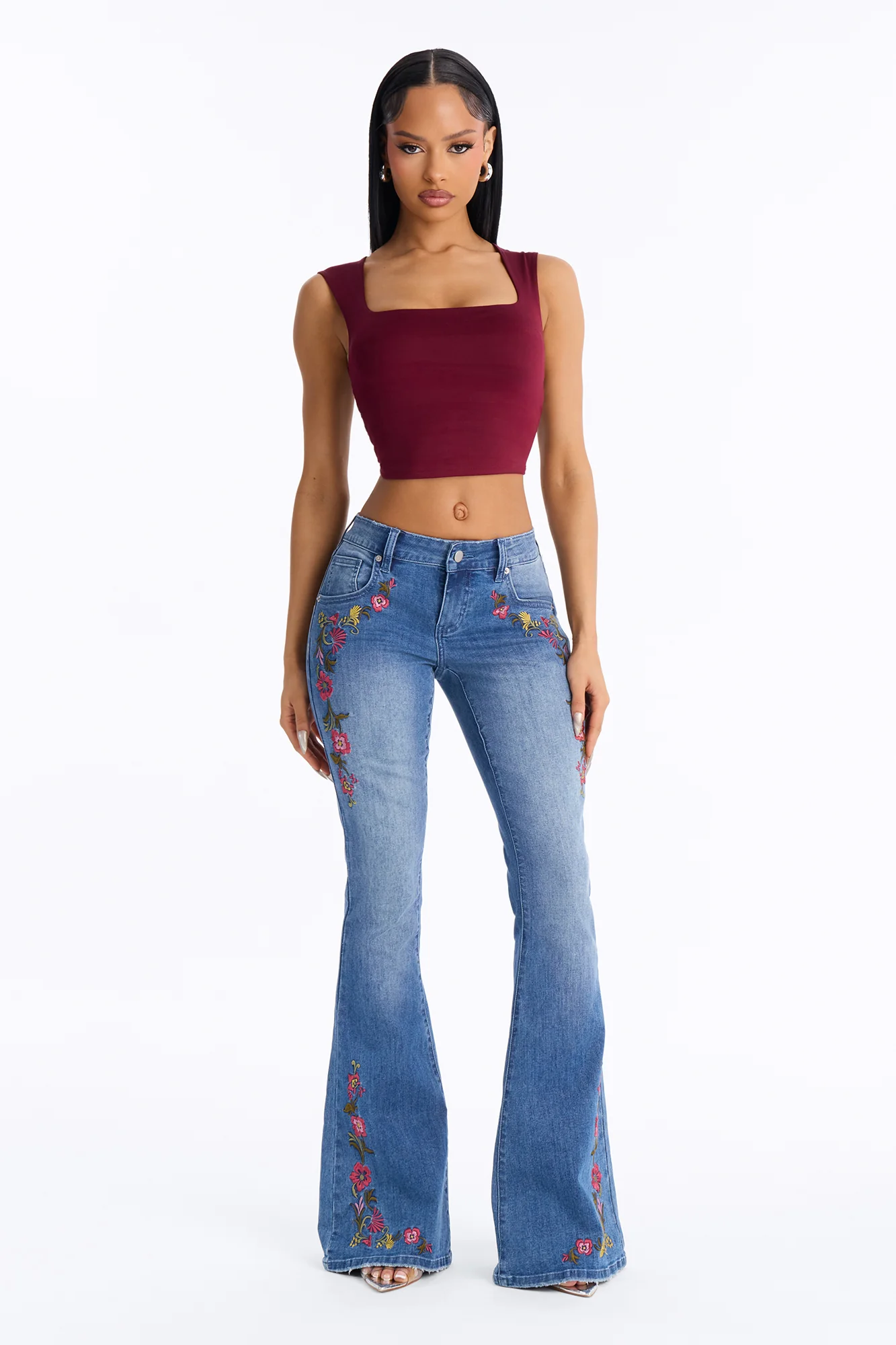 Pick Me Floral Embroidered Low Rise Jeans - Medium Wash