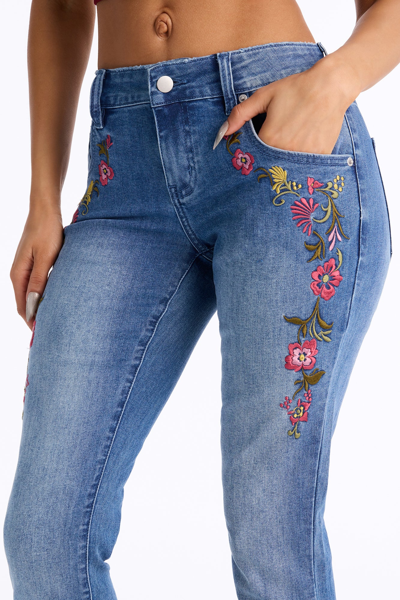 Pick Me Floral Embroidered Low Rise Jeans - Medium Wash - Image 3
