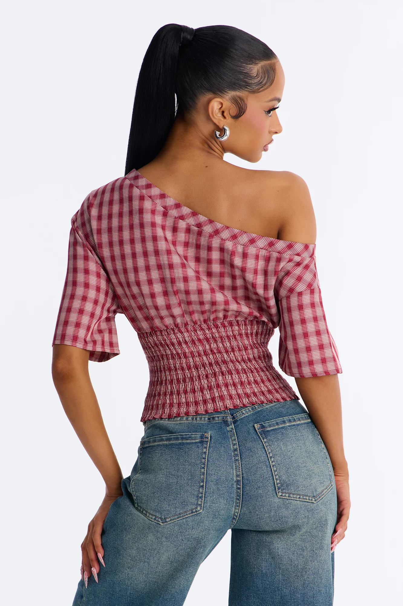 Plaid And Sporty Off Shoulder Top - Red - Image 4